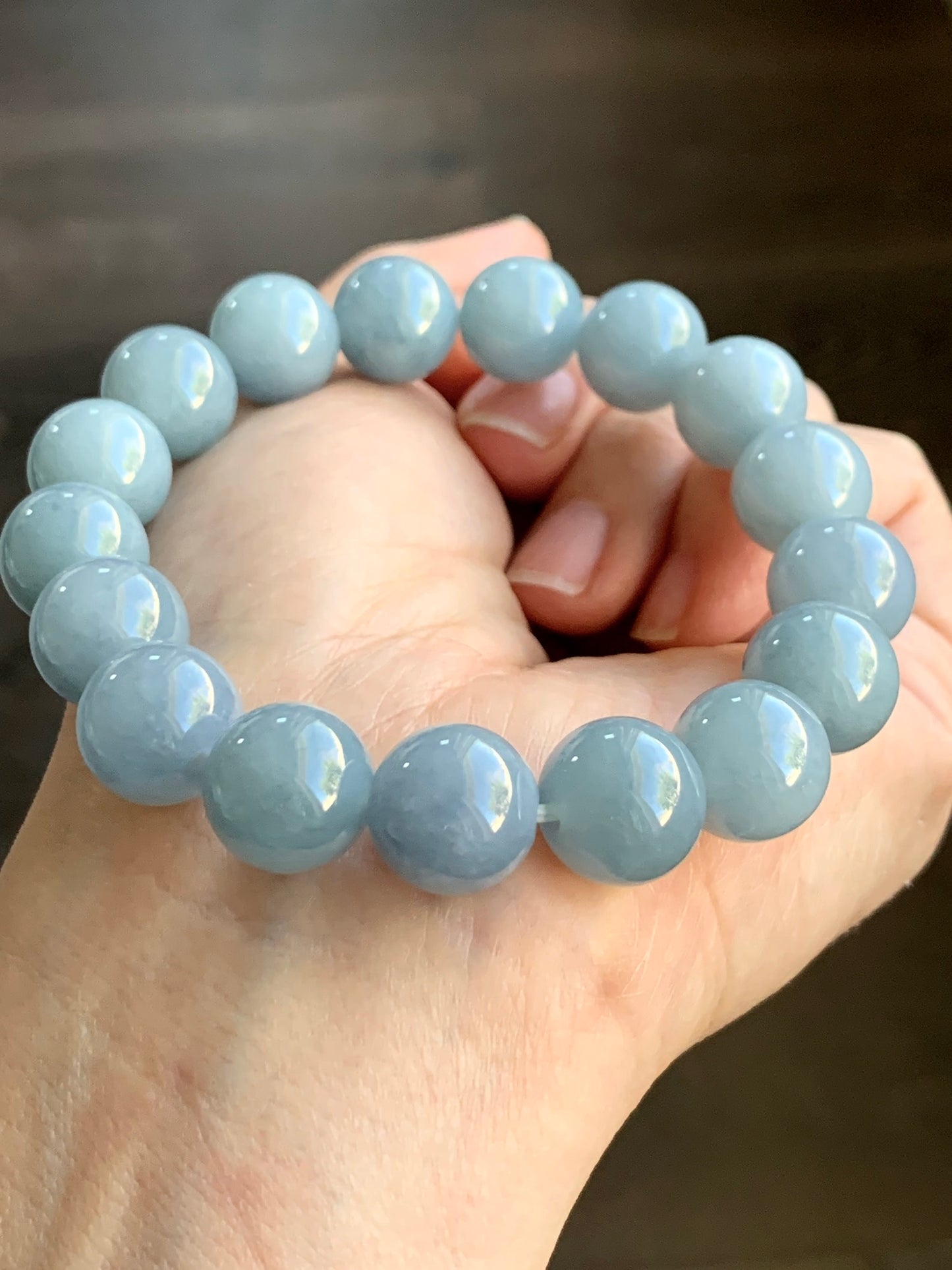 Certified Natural Grade A Icy Translucent Dusty Light Blue Jadeite Large Beaded Bracelet 12.3mm 7.75” 54g 7851