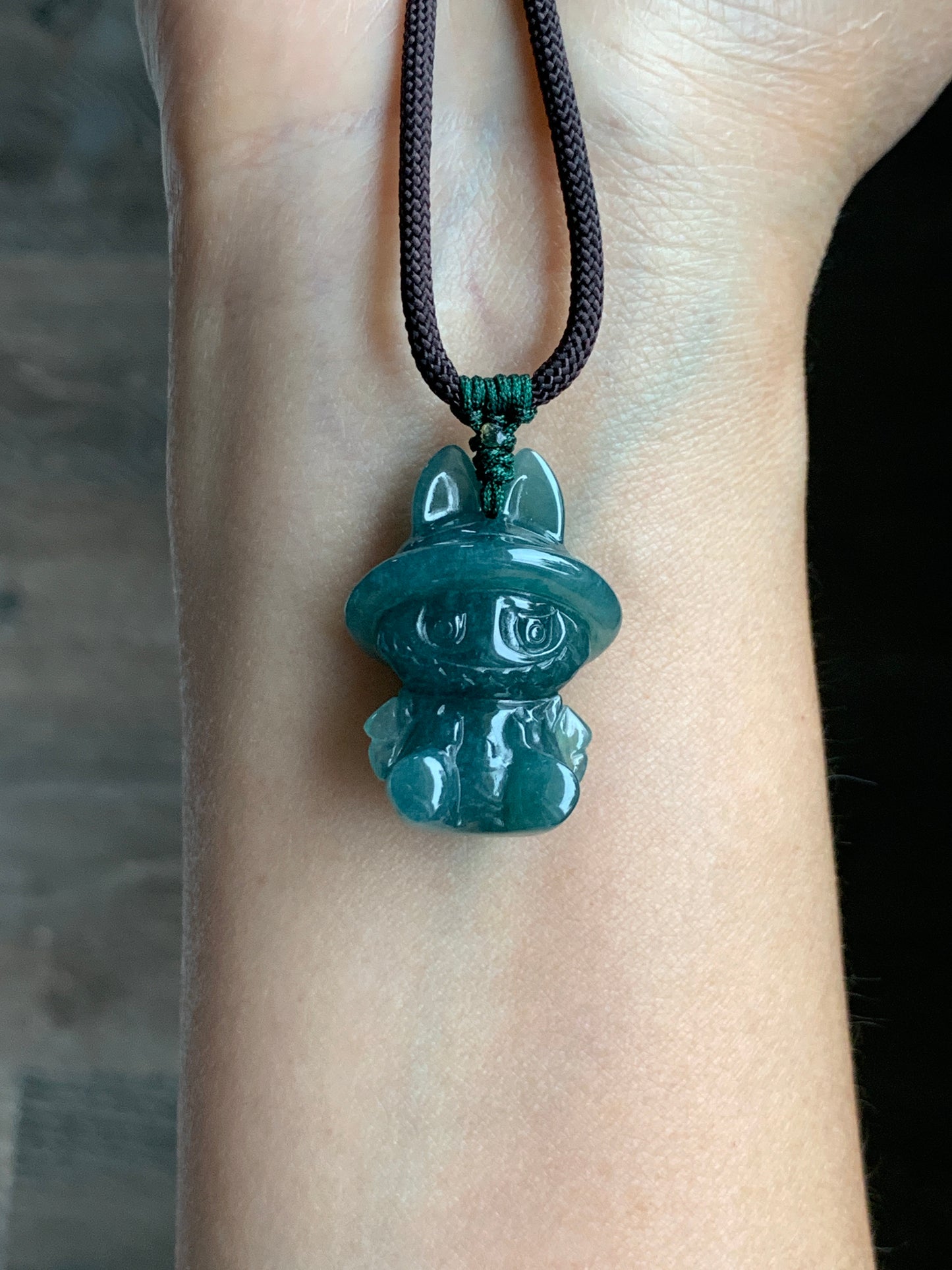 Natural Grade A Guatemalan Icy Translucent Gelatinous Dark Teal Blue Jade Jadeite Carved Labubu Pendant Rope Necklace 26” 天然冰胶危深蓝绿翡翠拉布布吊坠 LBB88