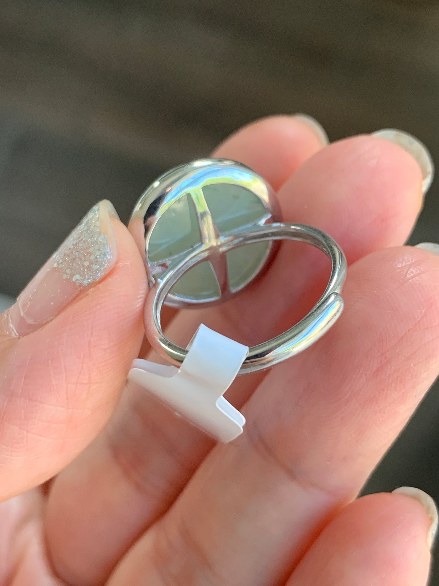 Natural Grade A Icy Translucent Gelatinous Dusty Green w/ Green Marbling Jade Jadeite Disc Ring S925 Silver Size Adjustable 天然晴绿飘花翡翠无事牌银镶戒指 WSP