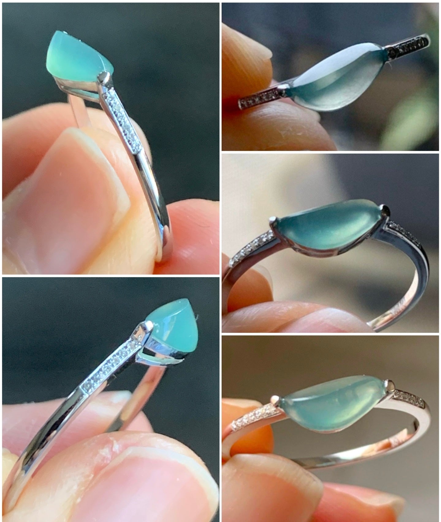 Certified Icy Highly Translucent Light Green Jadeite Horse Eye Cabochon Ring 18K White Gold  Diamonds Sz 7 US 1.38g 天然冰晴绿翡翠马眼钻石镶嵌戒指 3843