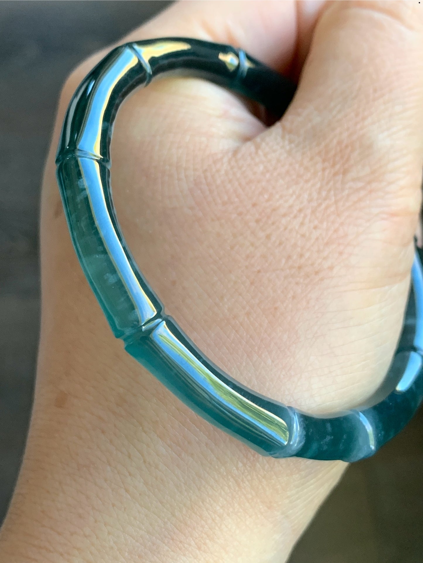 Natural Grade A Icy Translucent Gelatinous Dark Teal Green Jadeite Carved Bamboo Bangle Bracelet 56.6mm 7” 20g 天然冰危深篮绿翡翠竹节手镯 ZJ480-3