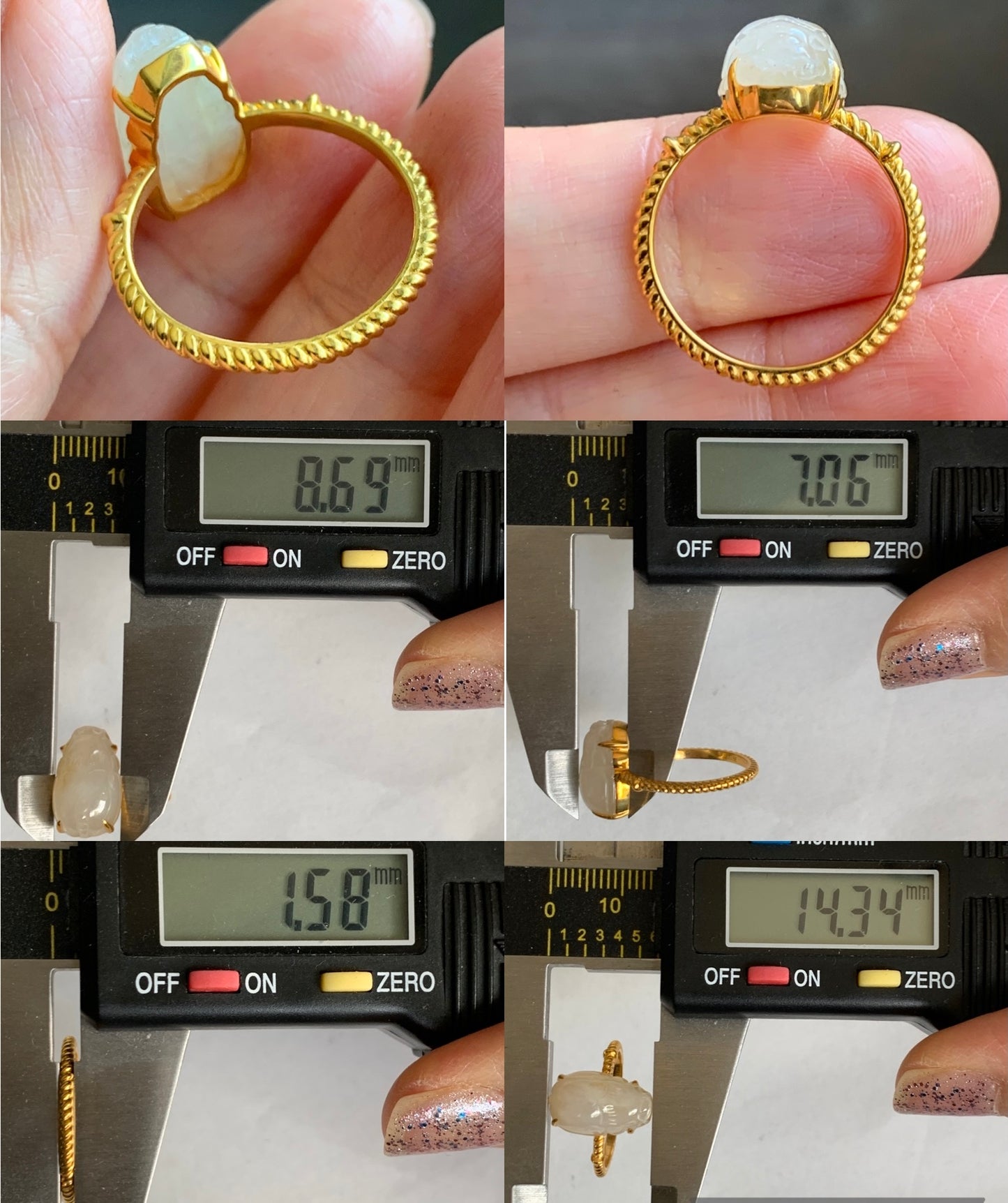 Certified Natural Grade A Icy Translucent Gelatinous Light Beige Jadeite Pixiu Ring Size 7 18K Yellow Gold 3.55g 天然冰胶雪梨黄翡翠貔貅镶嵌戒指 7063