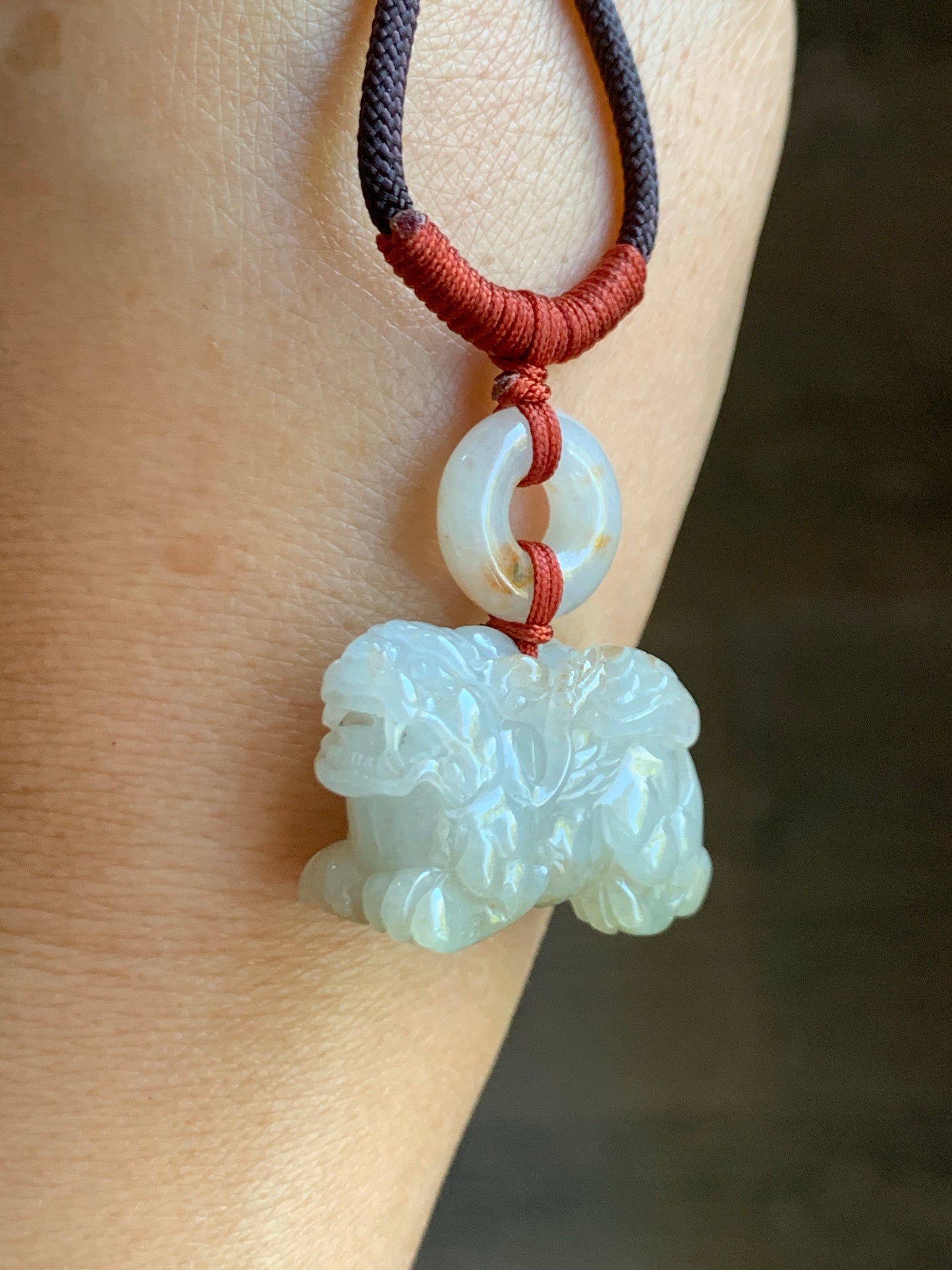 Natural  Icy Translucent Gelatinous Light Beige Jadeite w/ Golden Marbling Flying Pixiu & Donut Pendant Necklace 天然冰糖黄撒金翡翠飞天貔貅平安扣项链