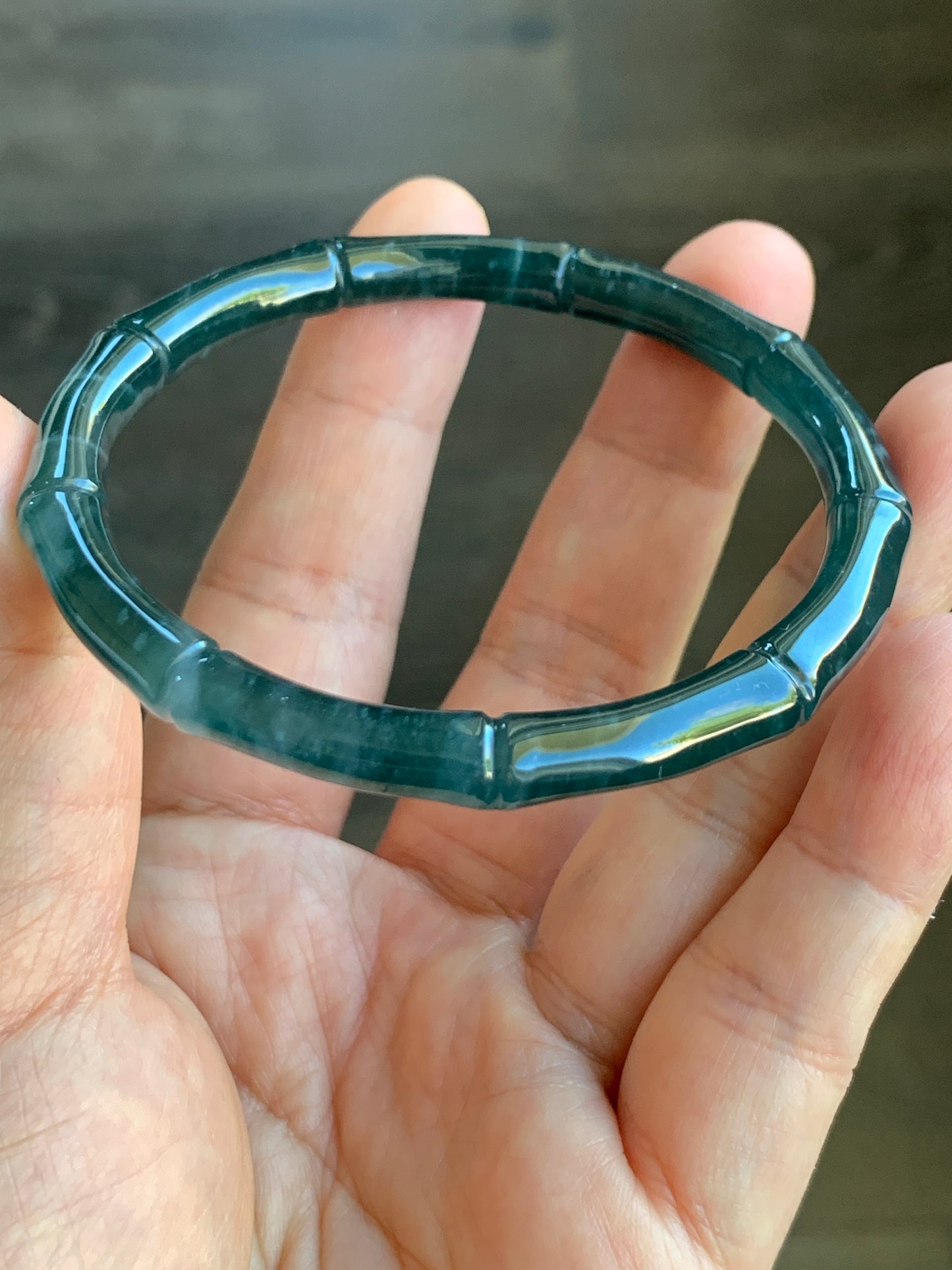 Certified Natural Grade A Icy Translucent Gelatinous Dark Teal Green Jadeite Carved Bamboo Bangle Bracelet 56.7mm 7” 19.2g 天然冰危深篮绿翡翠竹节手镯 7828