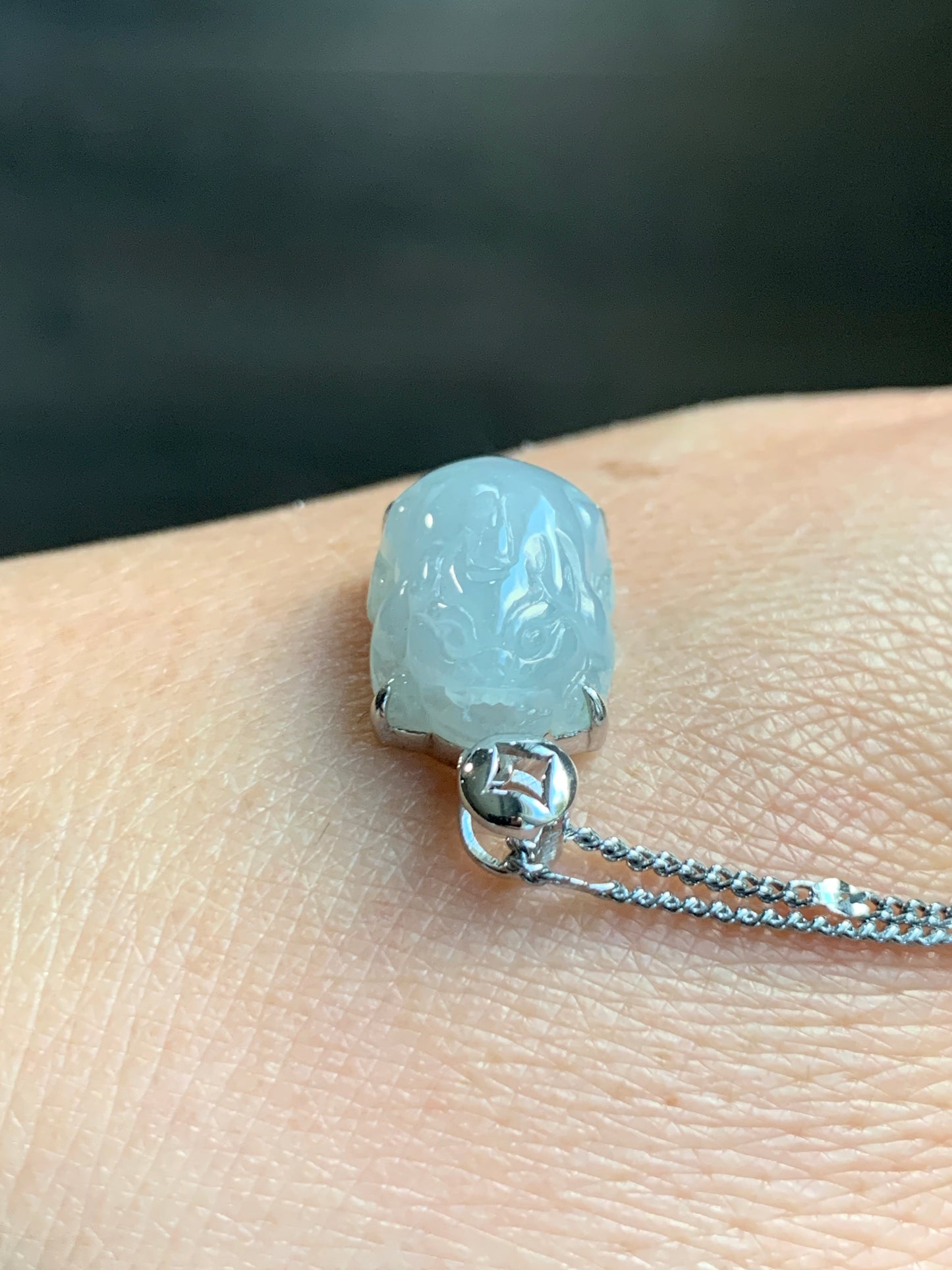 Certified Natural Grade A Icy Translucent Gelatinous Pastel Dusty Blue Jadeite Carved Petite Pixiu Pendant 18K White Gold 天然冰胶淡蓝翡翠貔貅镶嵌吊坠2296
