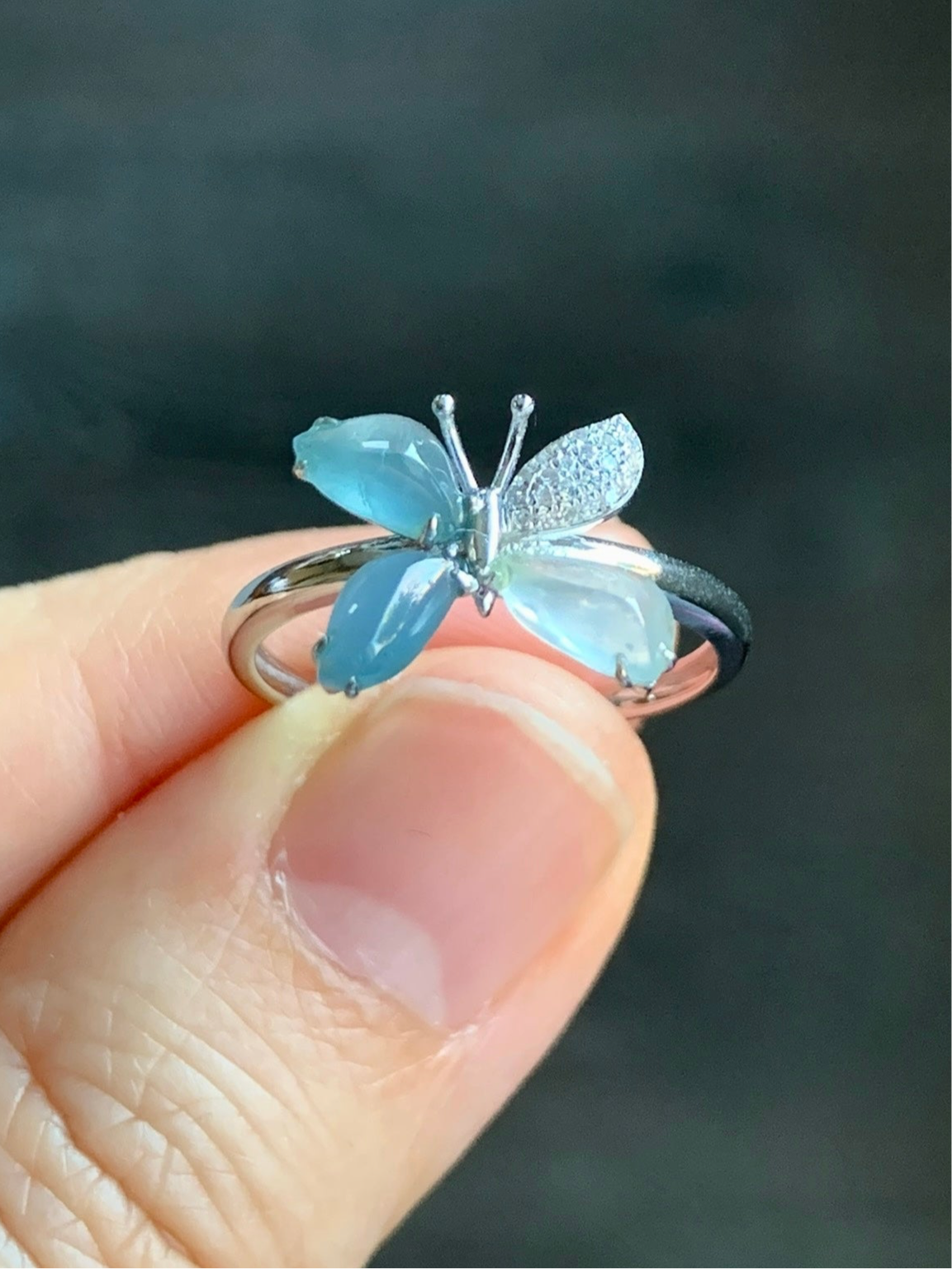 Certified Natural Grade A Guatemalan Premium Icy Blue & White Jadeite Butterfly Ring 18K White Gold Diamonds Sz 7 US 天然危蓝正冰起光翡翠蝴蝶钻石白金镶嵌戒指