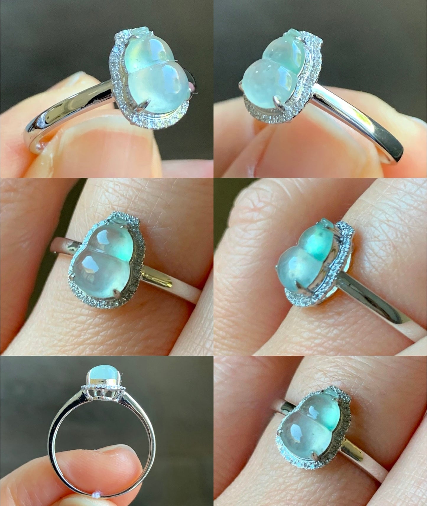 Certified Natural  Premium Highly Translucent Jadeite Hulu Gourd Ring 18K White Gold & Diamonds Sz 7 天然正冰起光起钢白冰葫芦钻石镶嵌戒指
