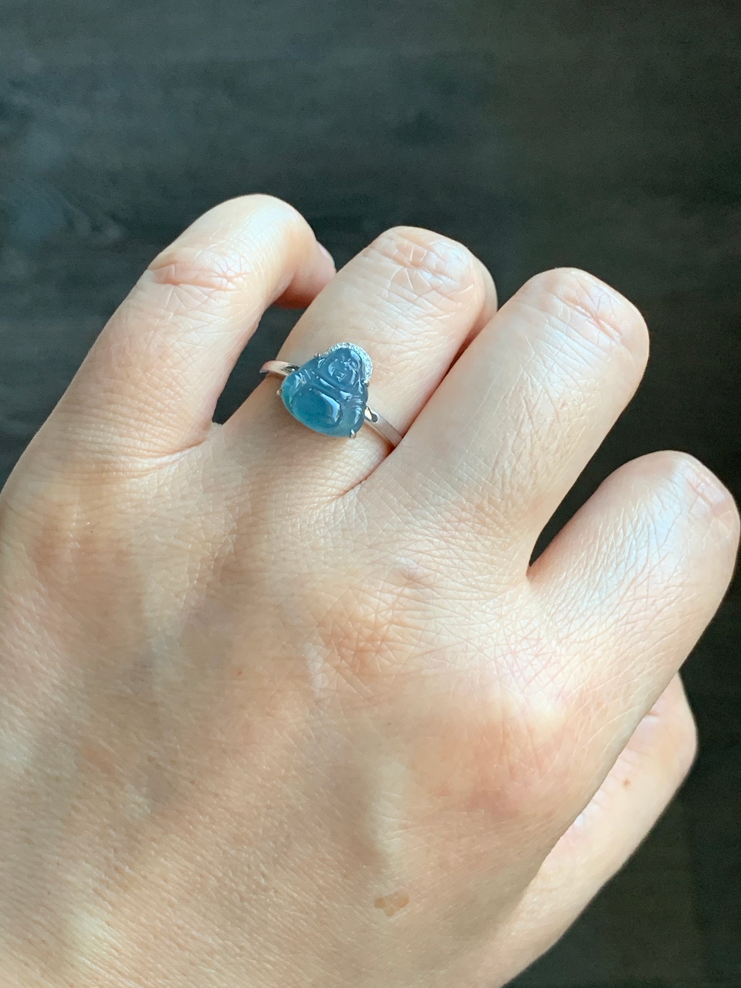 Certified Natural Guatemalan Highly Translucent Blue Jadeite Buddha & Diamond Ring 18K White Gold Size 7 天然高冰危蓝水翡翠佛公钻石镶嵌戒指