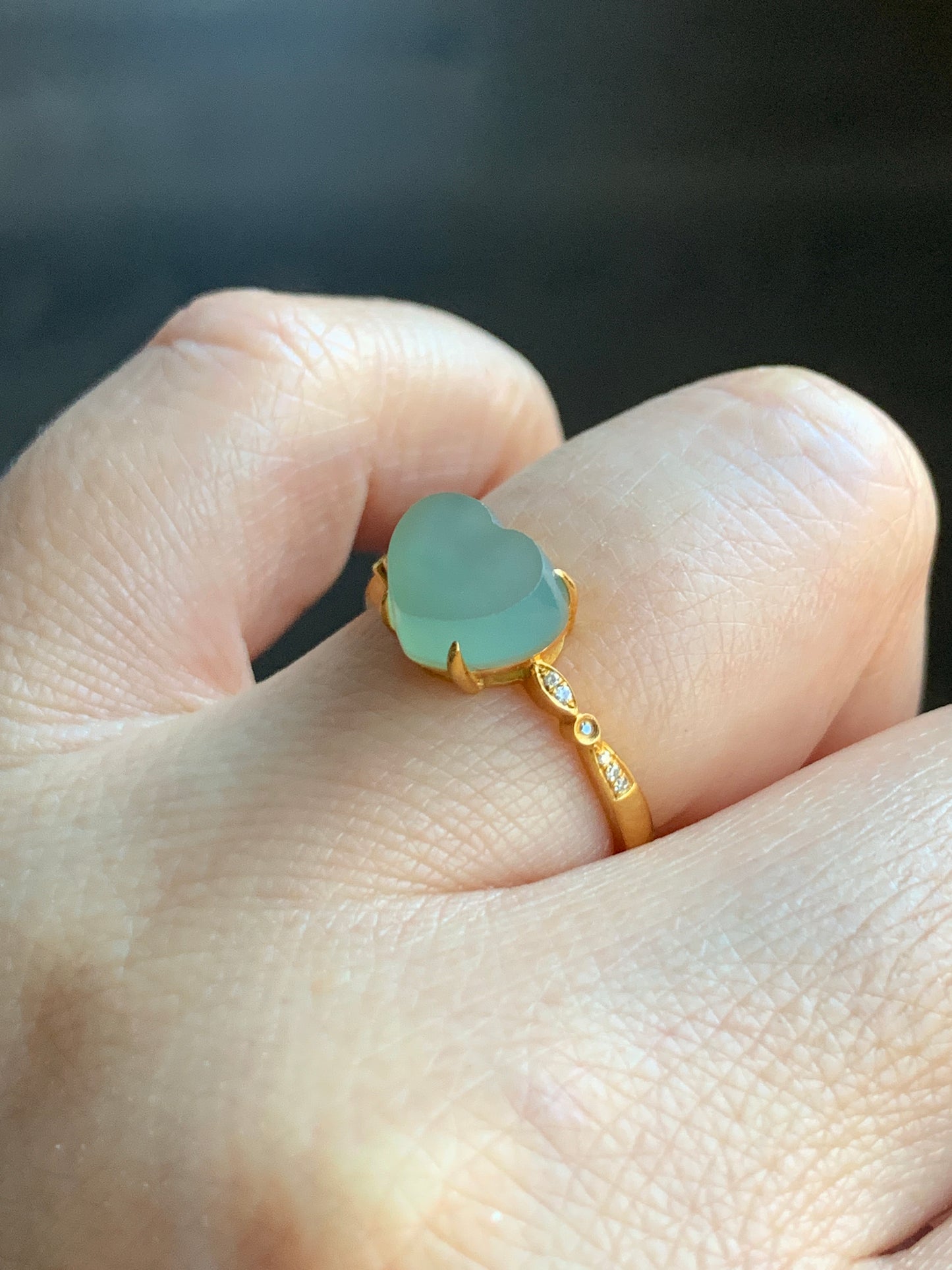 Certified Grade A Natural Premium Icy Light Green Faceted Jadeite Heart Cabochon 18K Yellow Gold Diamond Ring Sz 6.75 US 2.1g 天然正冰晴底翡翠切割面爱心钻石戒指