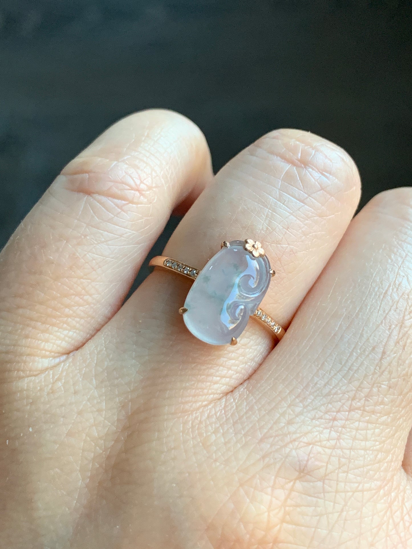 Certified Natural Garde A Premium Icy Translucent Teal Green Marbled Jadeite Ruyi Ring 18K Rose Gold Diamonds Size 7 天然翡翠冰胶飘花如意钻石镶嵌戒指 560