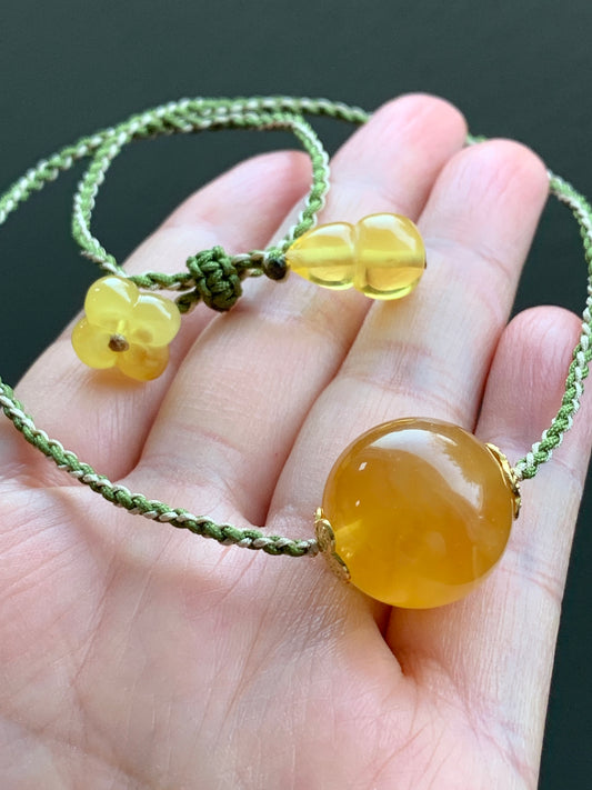 Natural Honeybee Wax Amber Large Sphere Rope Necklace w/ Amber Charms Sterling Silver 17” Adjustable