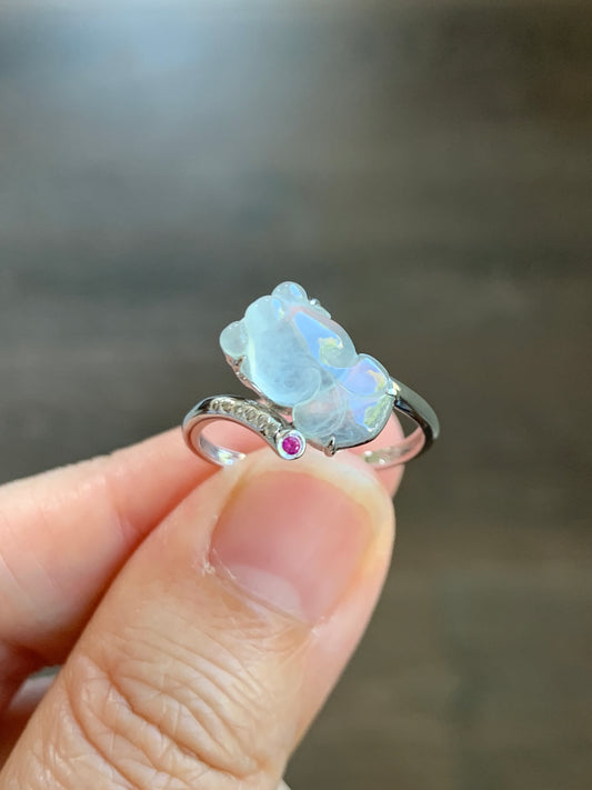 Certified Natural  Transparent White Jadeite Carved Goldfish Diamond & Ruby Ring 18K White Gold sz 7 天然高冰起钢翡翠金鱼钻石红宝镶嵌戒指