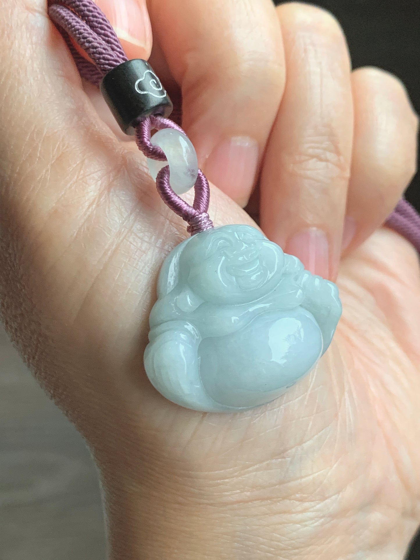 Natural  Translucent Light Bluish Green Jadeite Buddha Pendant Rope Necklace 25” 天然细糯晴蓝底翡翠佛公吊坠