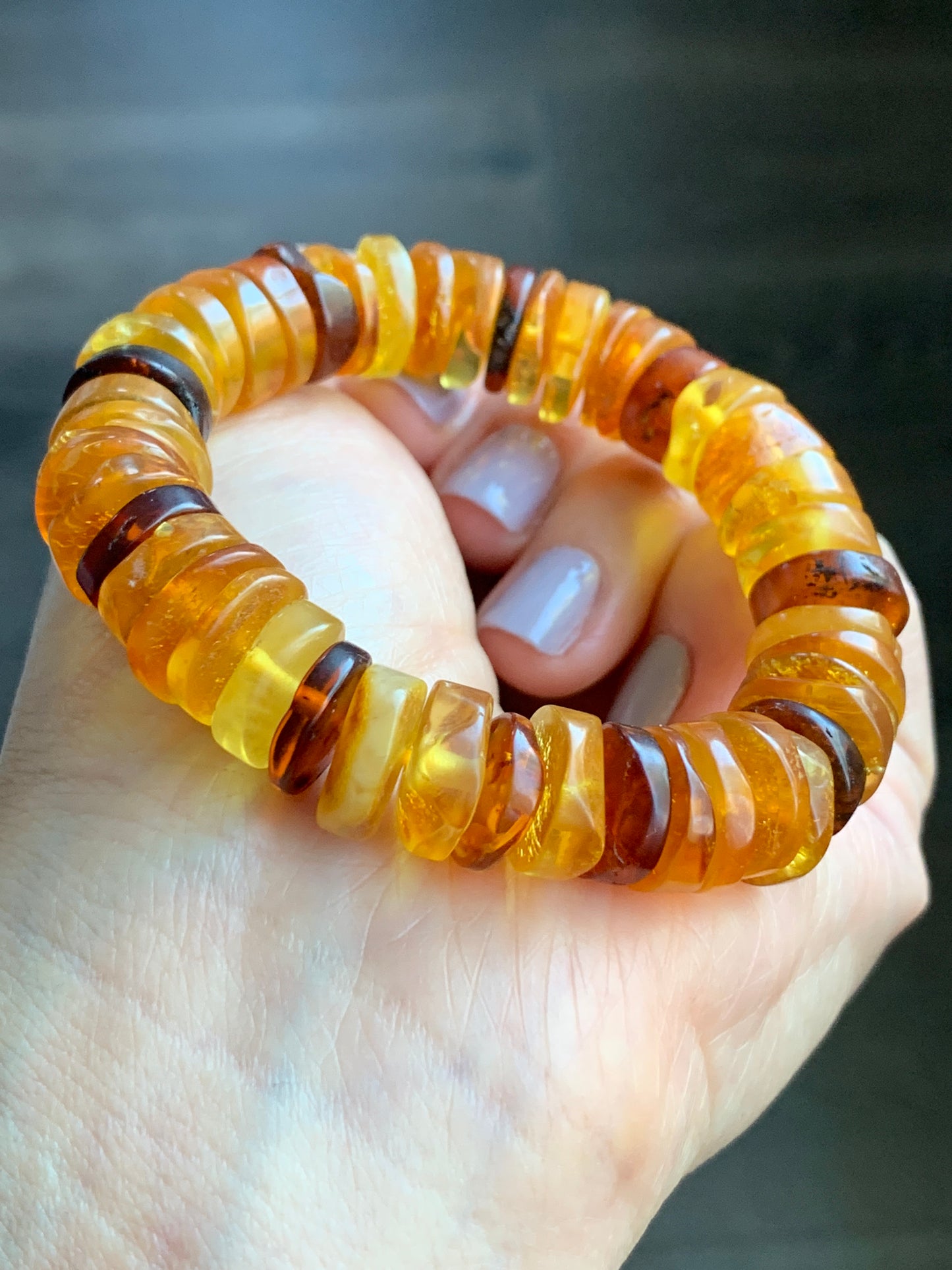 Natural Amber Flat Beads Beaded Bracelet Stretchy AMB1113