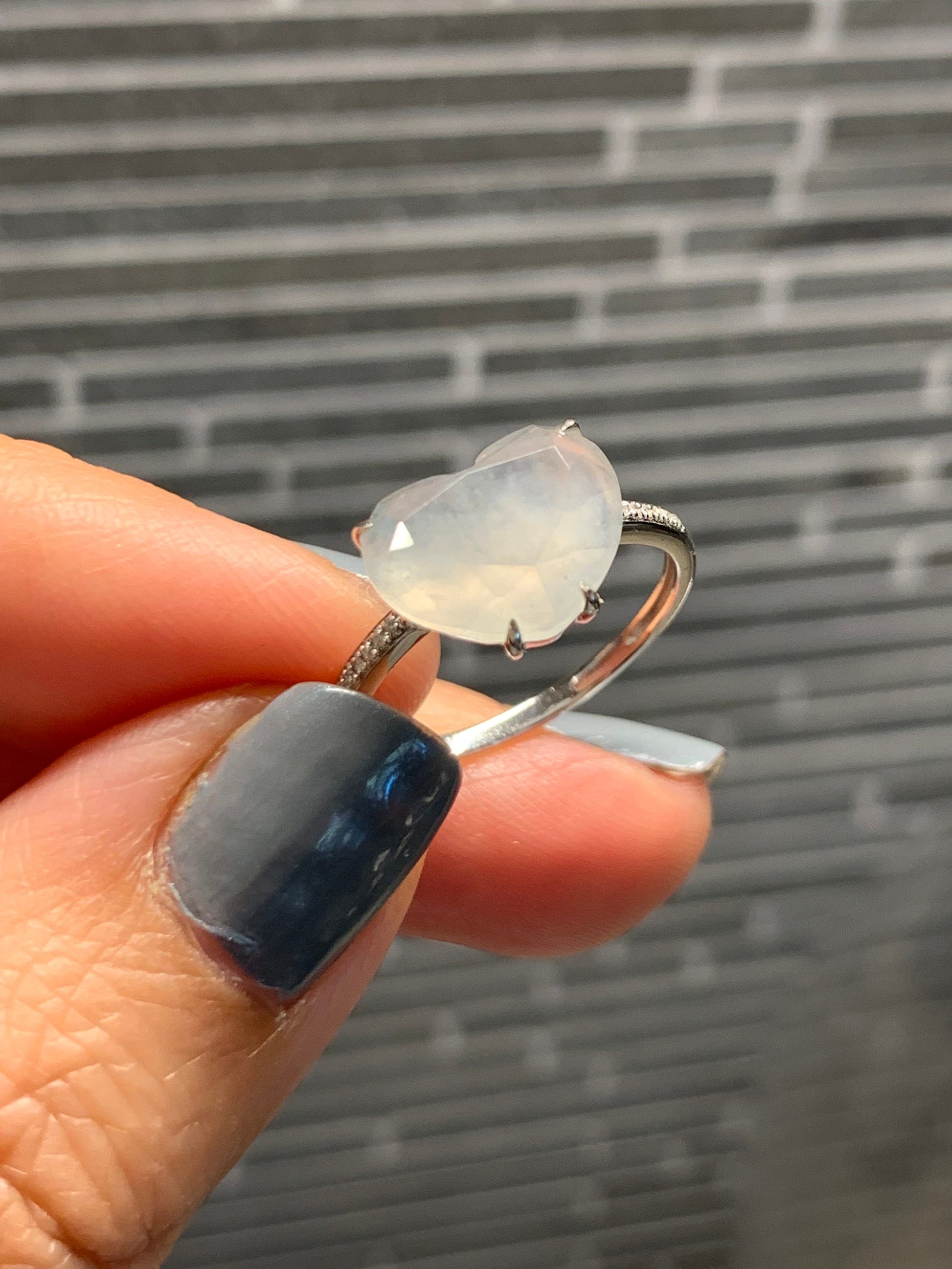 Certified Natural Burmese Premium Jadeite Diamond Faceted Heart Ring with genuine Diamonds 18K White Gold Sz 7 天然缅甸正冰种水翡翠切割面爱心钻石镶嵌戒指