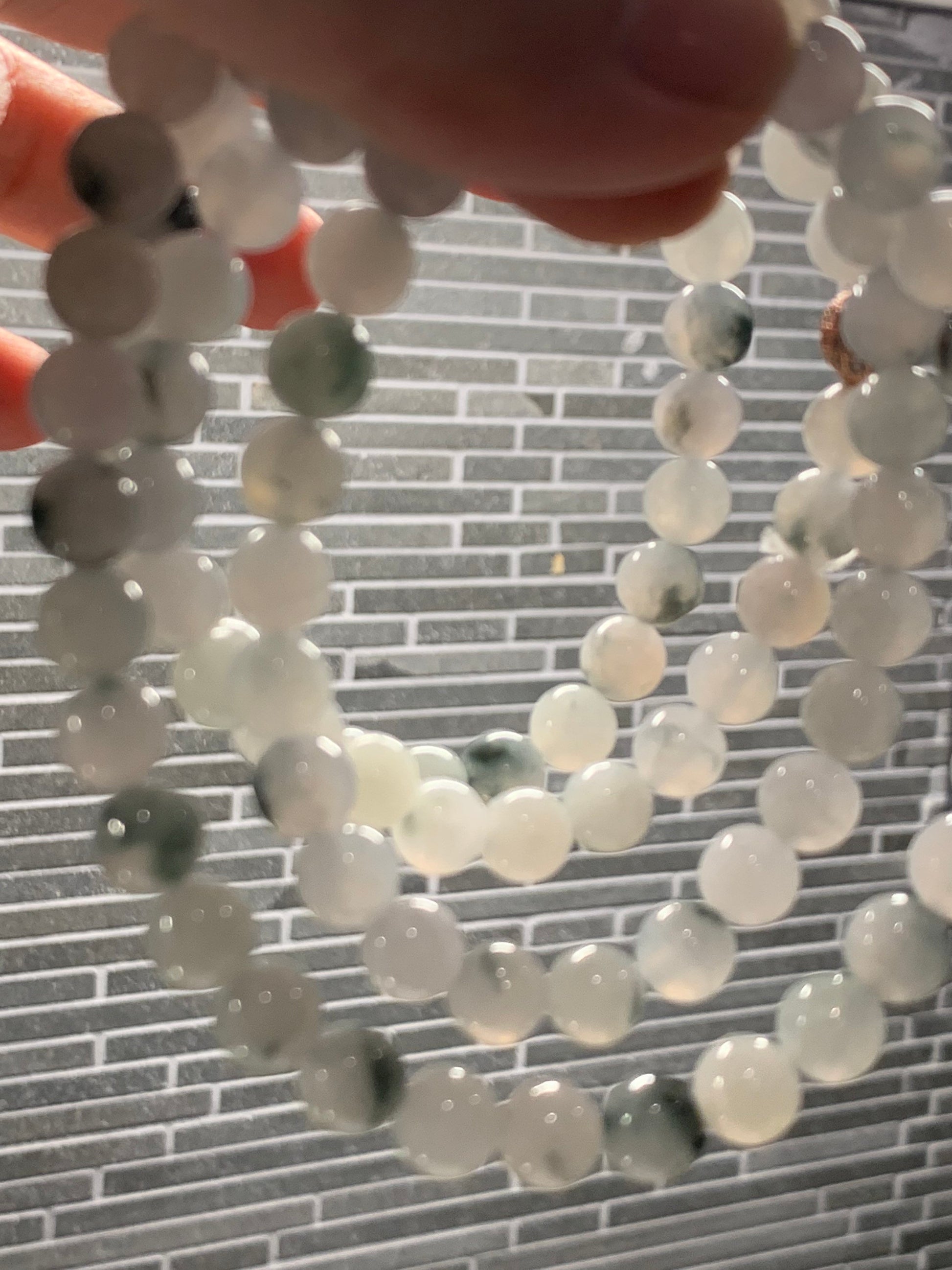 High End Burmese Natural Icy Translucent Gelatinous White With Dark Green Marbling Jadeite Beaded Necklace 8mm 31.5” 天然缅甸玛瑙底冰飘绿花翡翠长串起冰起胶