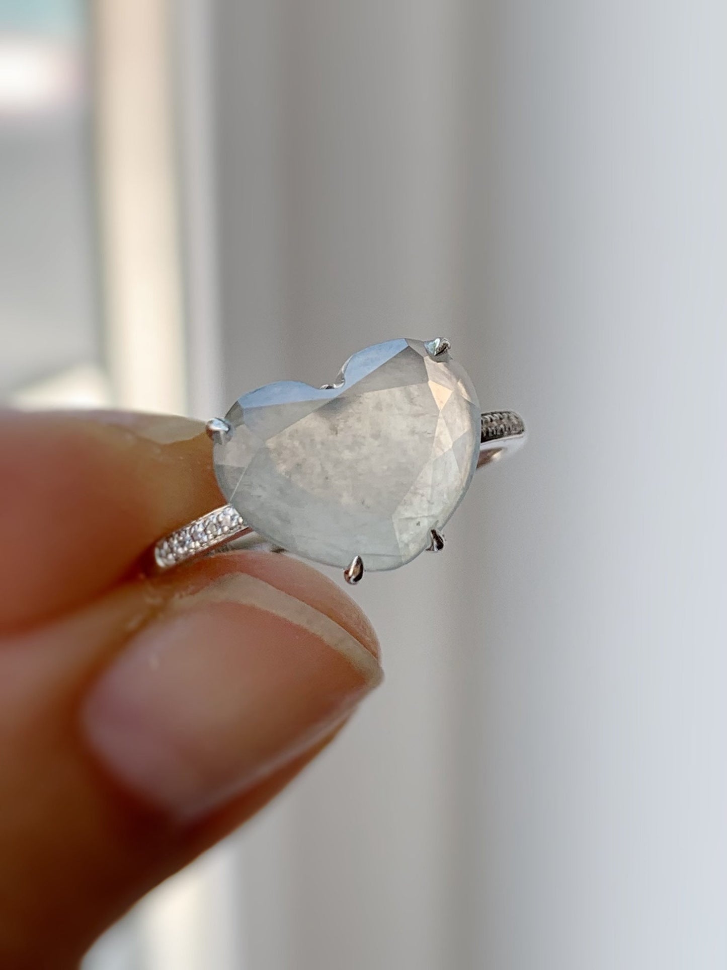 Certified Natural Burmese Premium Jadeite Diamond Faceted Heart Ring with genuine Diamonds 18K White Gold Sz 7 天然缅甸正冰种水翡翠切割面爱心钻石镶嵌戒指