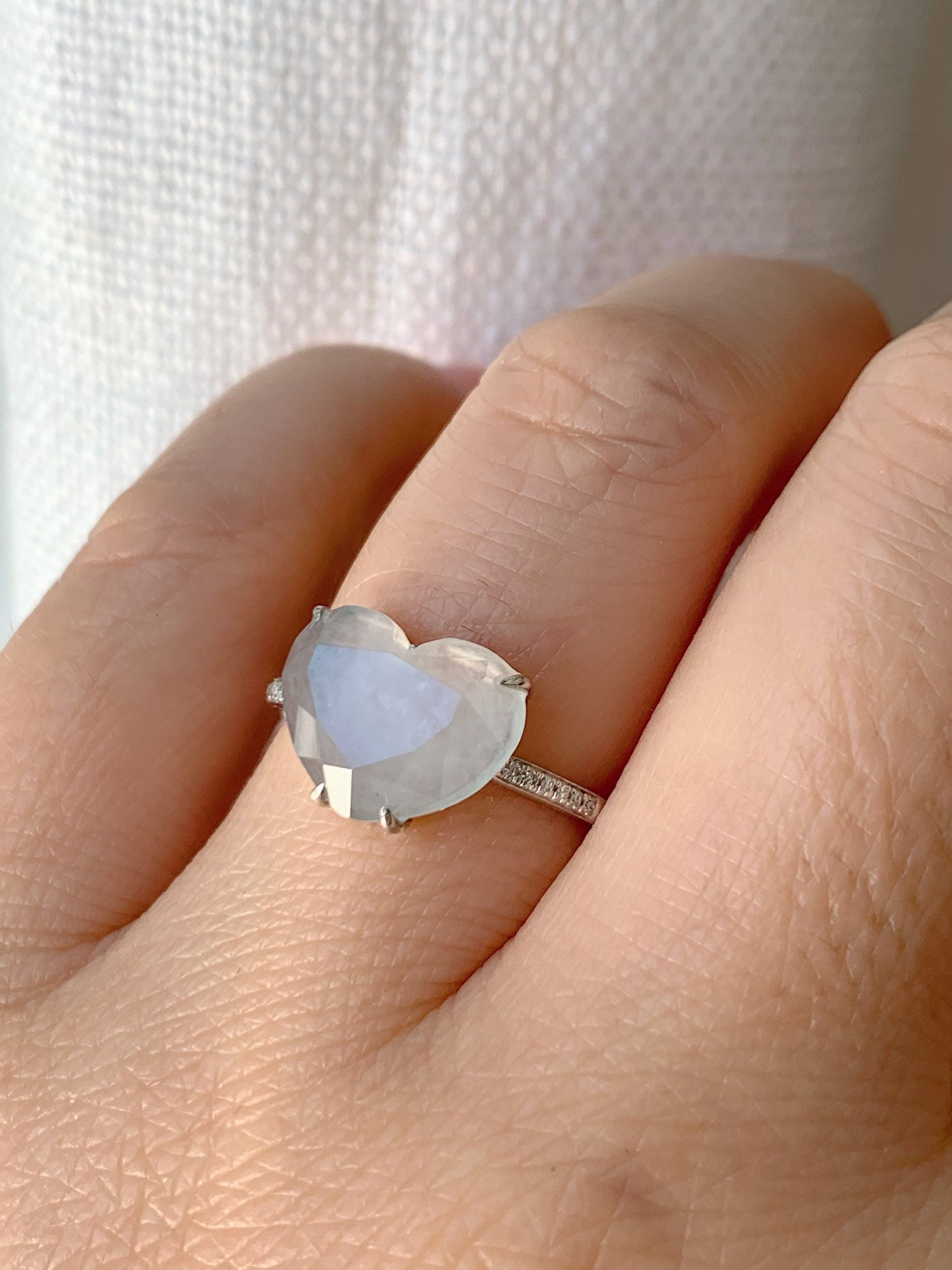 Certified Natural Burmese Premium Jadeite Diamond Faceted Heart Ring with genuine Diamonds 18K White Gold Sz 7 天然缅甸正冰种水翡翠切割面爱心钻石镶嵌戒指