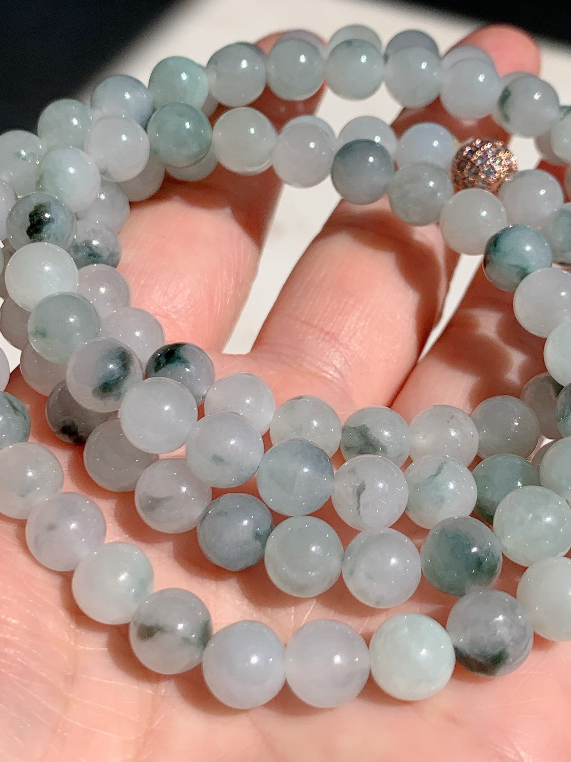 High End Burmese Natural Icy Translucent Gelatinous White With Dark Green Marbling Jadeite Beaded Necklace 8mm 31.5” 天然缅甸玛瑙底冰飘绿花翡翠长串起冰起胶