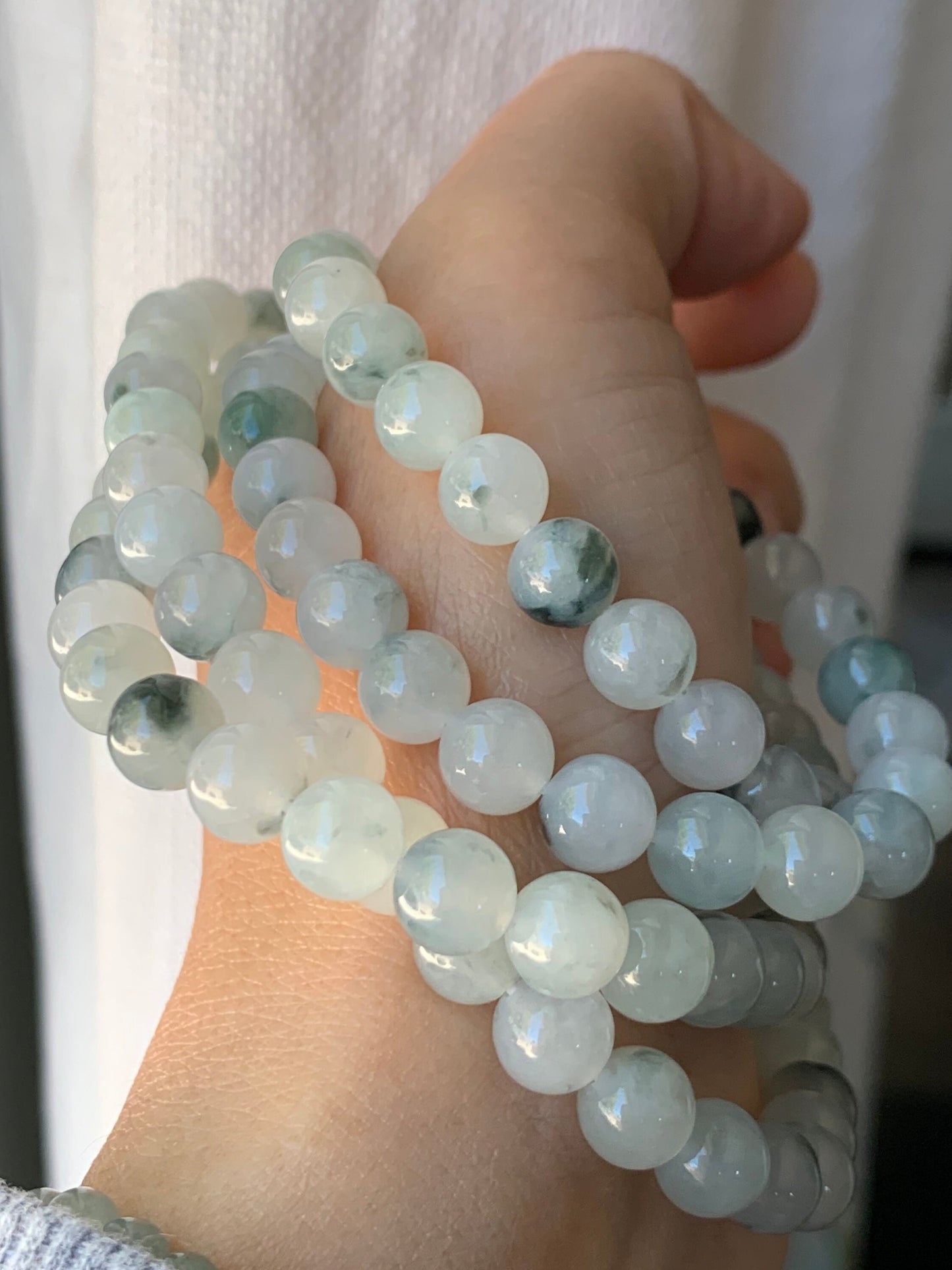 High End Burmese Natural Icy Translucent Gelatinous White With Dark Green Marbling Jadeite Beaded Necklace 8mm 31.5” 天然缅甸玛瑙底冰飘绿花翡翠长串起冰起胶