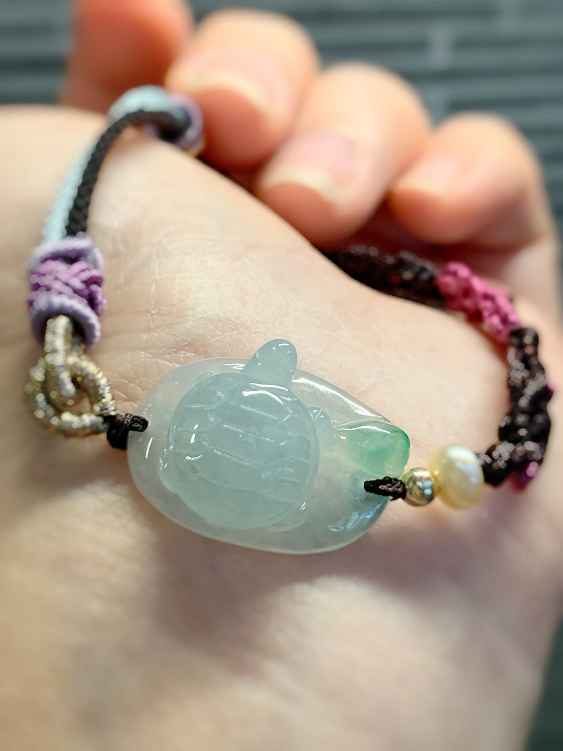 Natural grade A Burmese Icy Highly Translucent Green Jadeite Turtle Rope Braided Bracelet 正冰晴底飘阳绿乌龟手牌