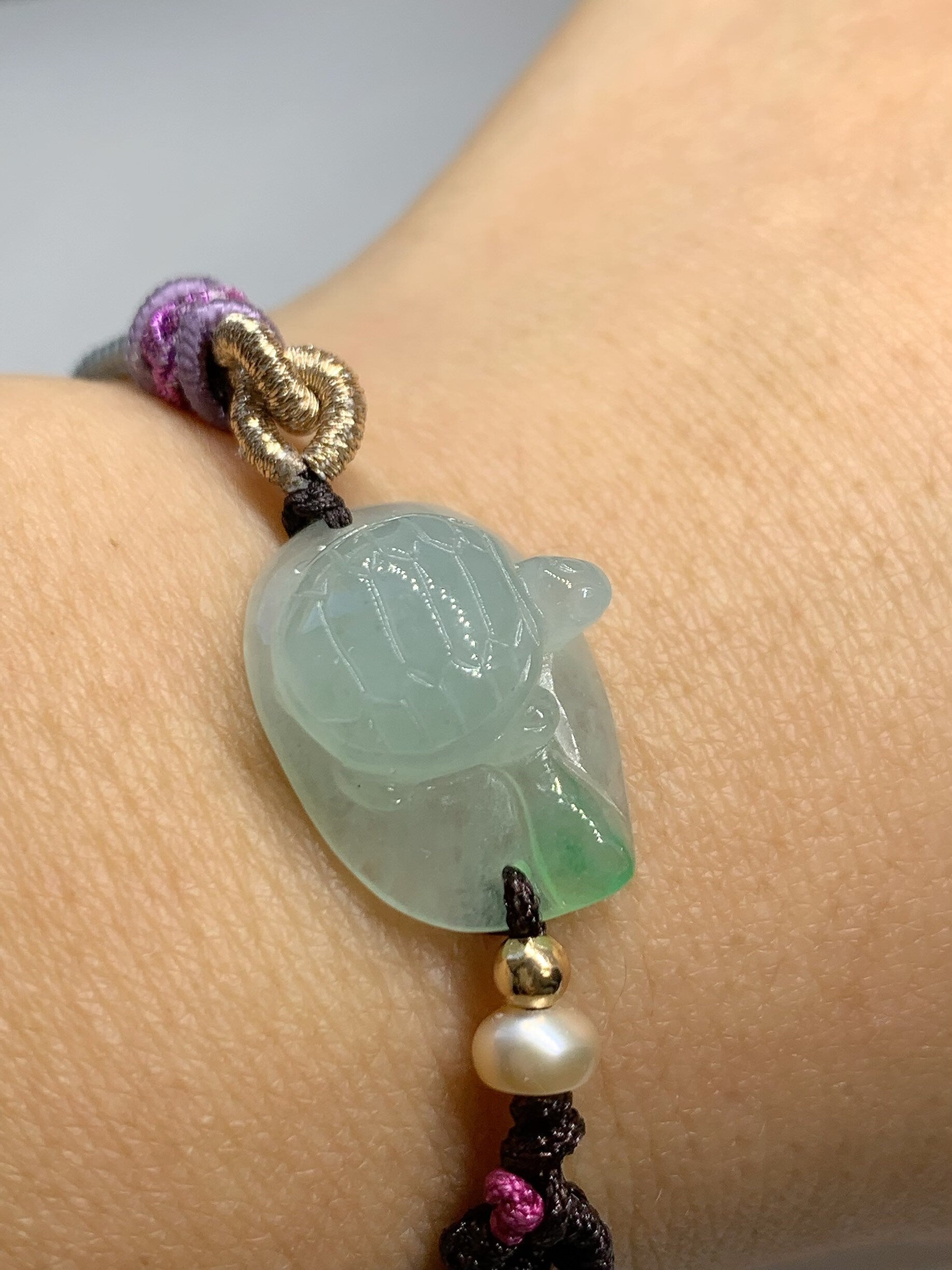 Natural grade A Burmese Icy Highly Translucent Green Jadeite Turtle Rope Braided Bracelet 正冰晴底飘阳绿乌龟手牌