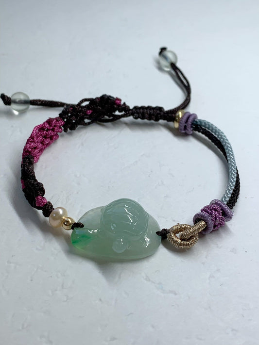 Natural grade A Burmese Icy Highly Translucent Green Jadeite Turtle Rope Braided Bracelet 正冰晴底飘阳绿乌龟手牌