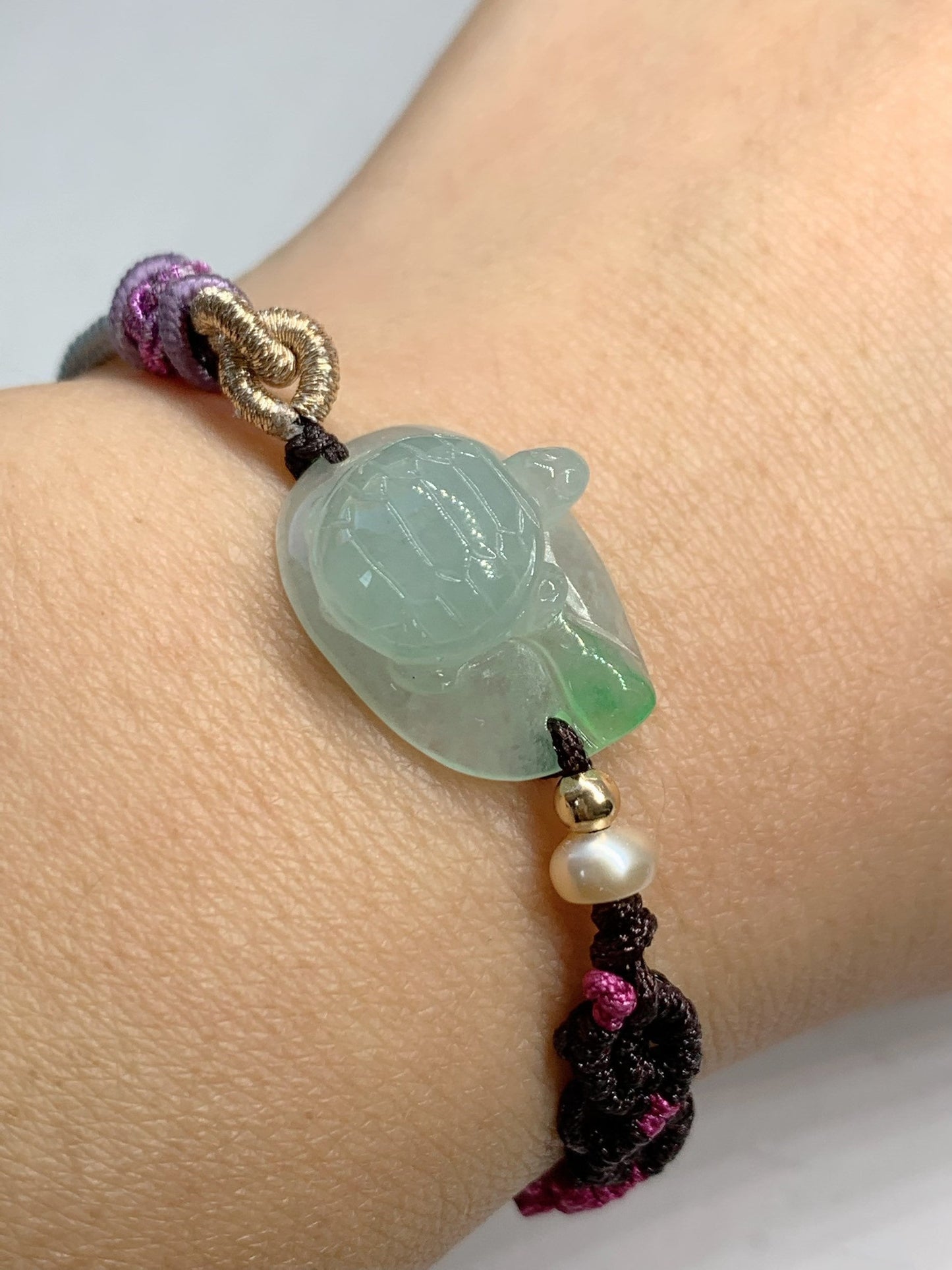 Natural grade A Burmese Icy Highly Translucent Green Jadeite Turtle Rope Braided Bracelet 正冰晴底飘阳绿乌龟手牌