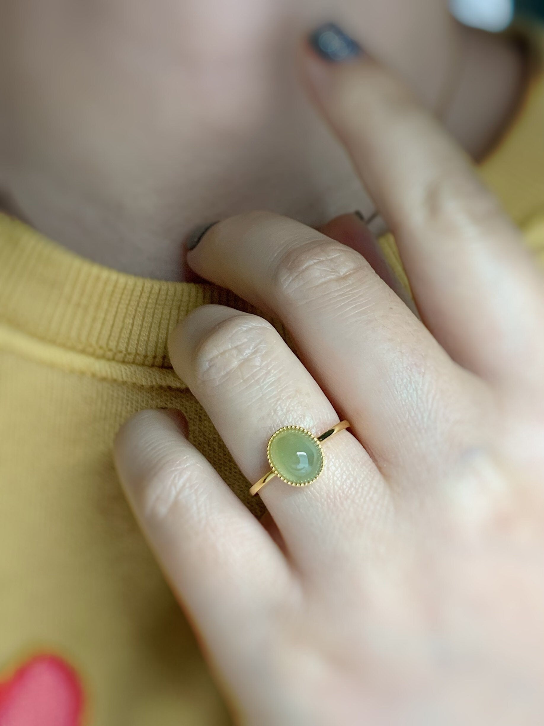 Certified Natural Burmese Grade A Icy Translucent Yellow Jadeite Oval Solitaire Ring 18K Yellow Gold Sz 7 天然缅甸冰黄翡翠镶嵌戒指