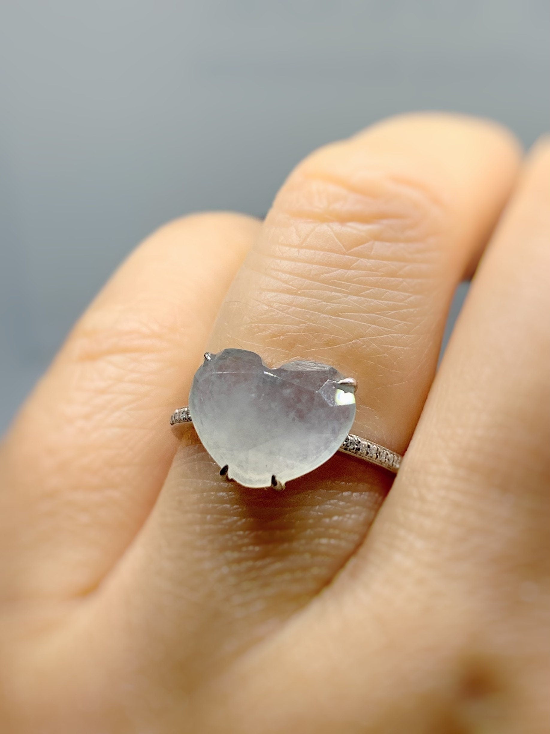 Certified Natural Burmese Premium Jadeite Diamond Faceted Heart Ring with genuine Diamonds 18K White Gold Sz 7 天然缅甸正冰种水翡翠切割面爱心钻石镶嵌戒指