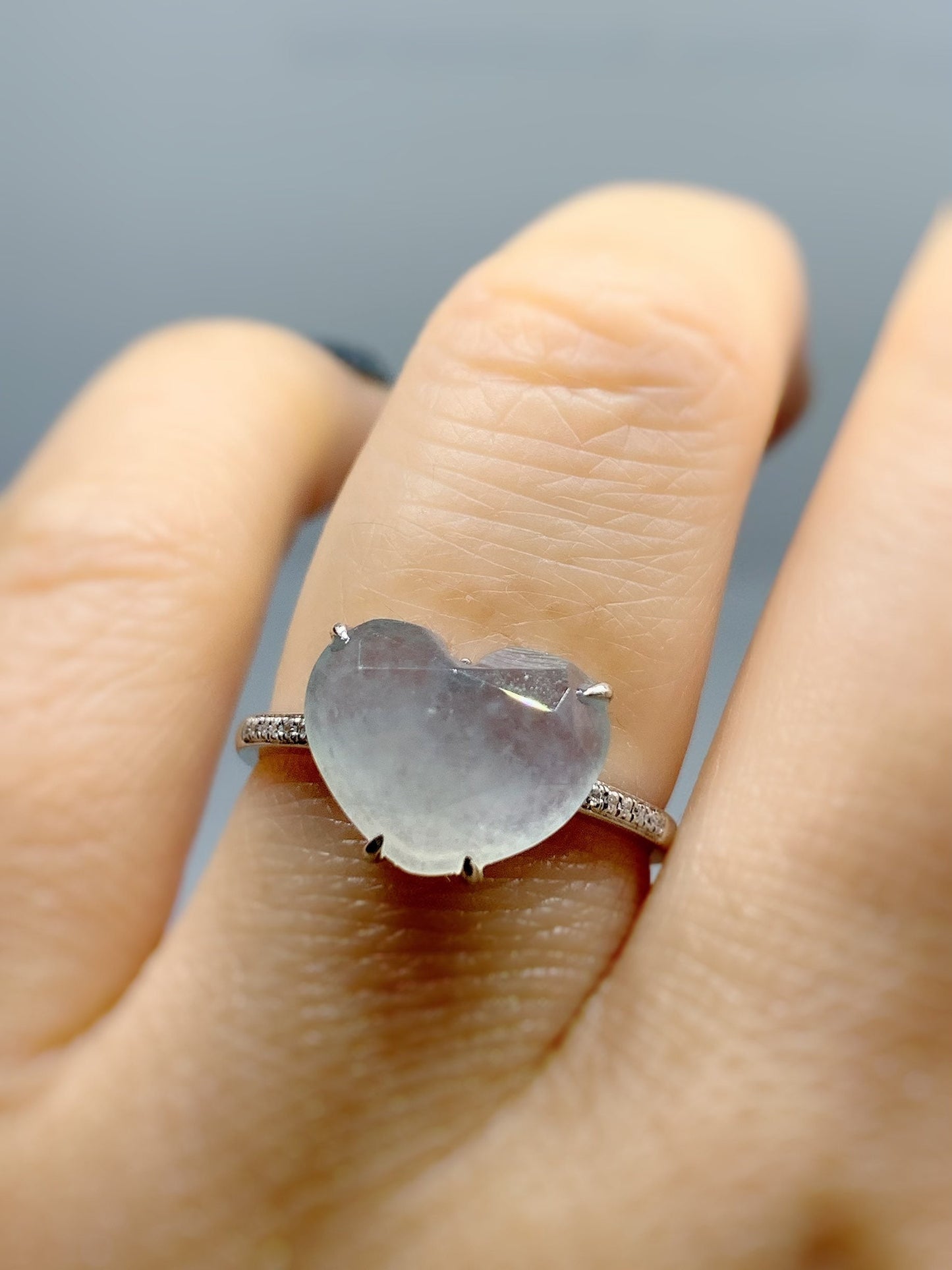Certified Natural Burmese Premium Jadeite Diamond Faceted Heart Ring with genuine Diamonds 18K White Gold Sz 7 天然缅甸正冰种水翡翠切割面爱心钻石镶嵌戒指