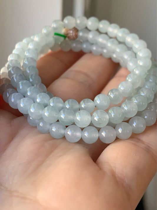 Jadeite Beaded Necklace Natural Burmese Premium Moxisha Icy Highly Translucent Light Blue Jadeite Beads 5mm 25.5” 缅甸莫西沙正冰淡蓝底长串