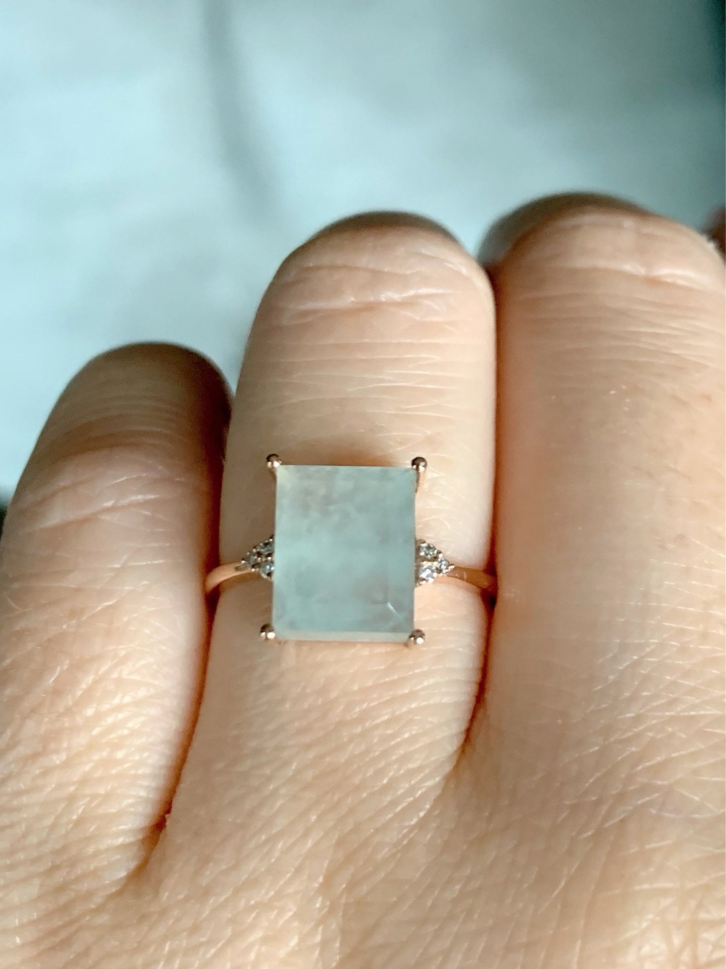 Certified Natural Burmese Premium Icy Translucent Light Green Emerald Cut Jadeite And Diamond Ring 18K Rose Gold Sz 7 天然缅甸正冰晴底雪花棉翡翠切割面钻石戒指