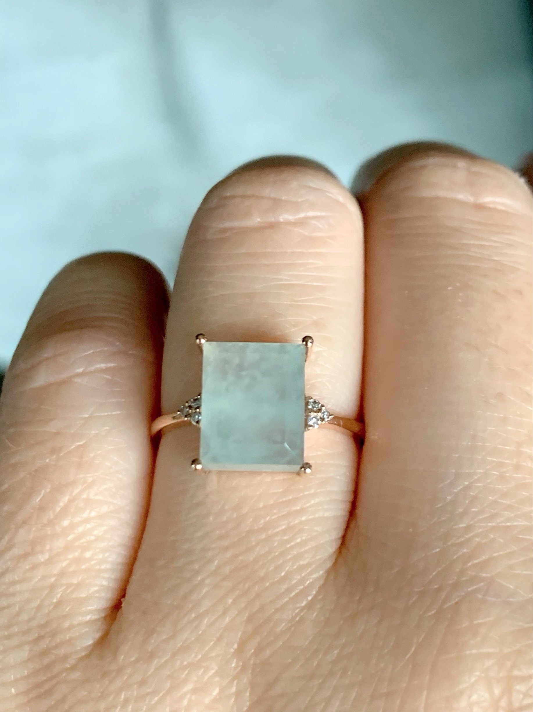 Certified Natural Burmese Premium Icy Translucent Light Green Emerald Cut Jadeite And Diamond Ring 18K Rose Gold Sz 7 天然缅甸正冰晴底雪花棉翡翠切割面钻石戒指