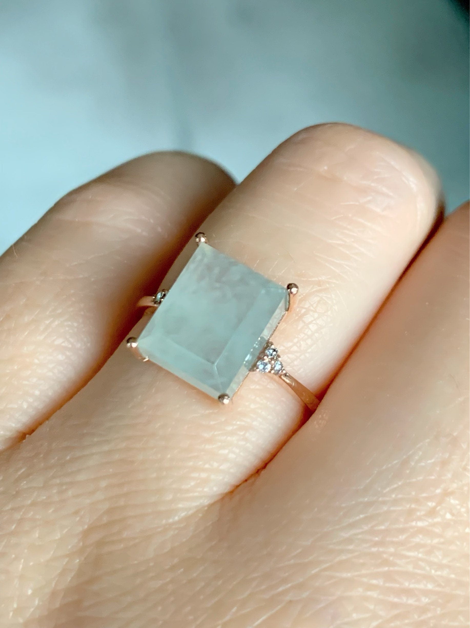 Certified Natural Burmese Premium Icy Translucent Light Green Emerald Cut Jadeite And Diamond Ring 18K Rose Gold Sz 7 天然缅甸正冰晴底雪花棉翡翠切割面钻石戒指