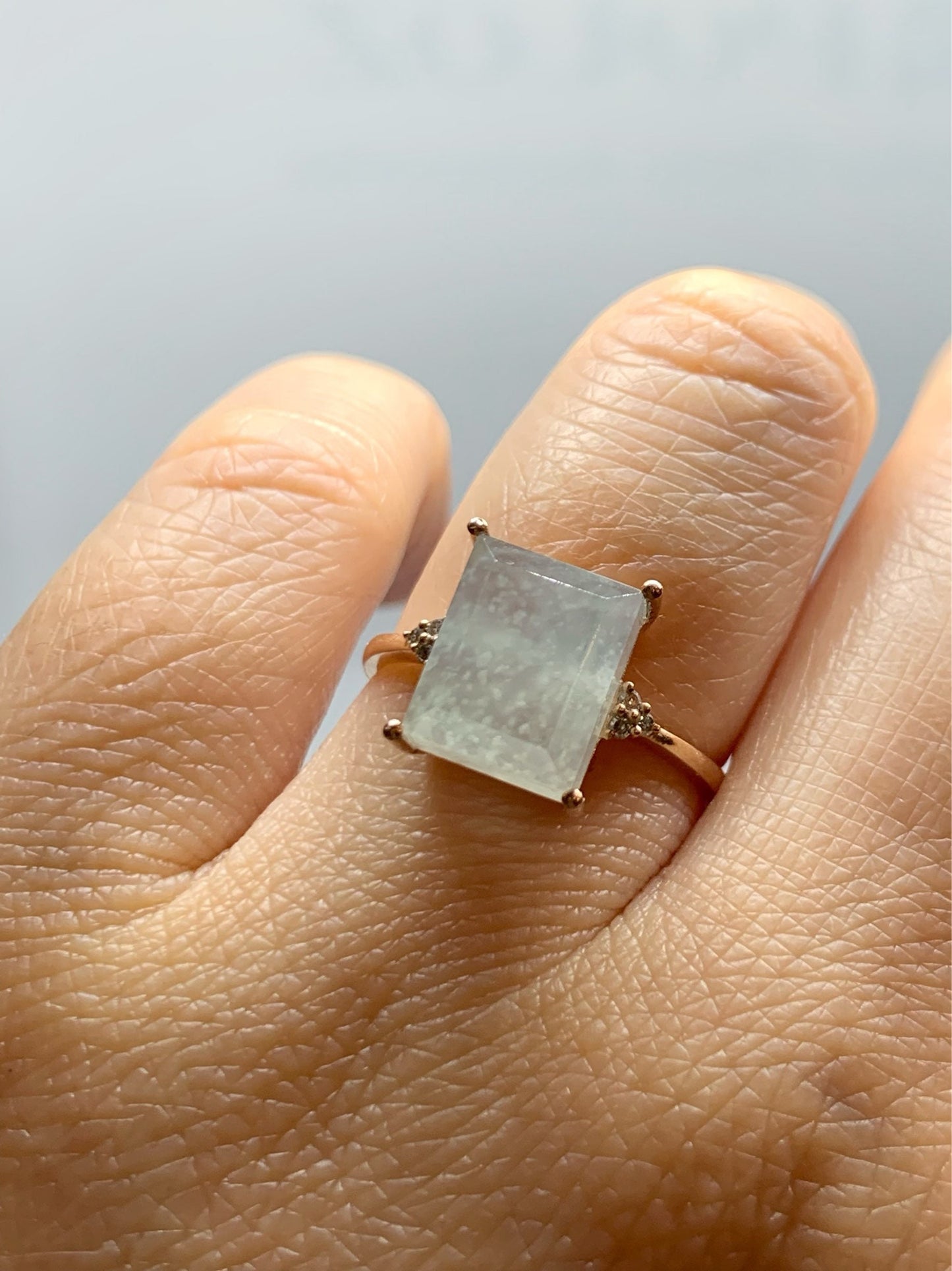 Certified Natural Burmese Premium Icy Translucent Light Green Emerald Cut Jadeite And Diamond Ring 18K Rose Gold Sz 7 天然缅甸正冰晴底雪花棉翡翠切割面钻石戒指