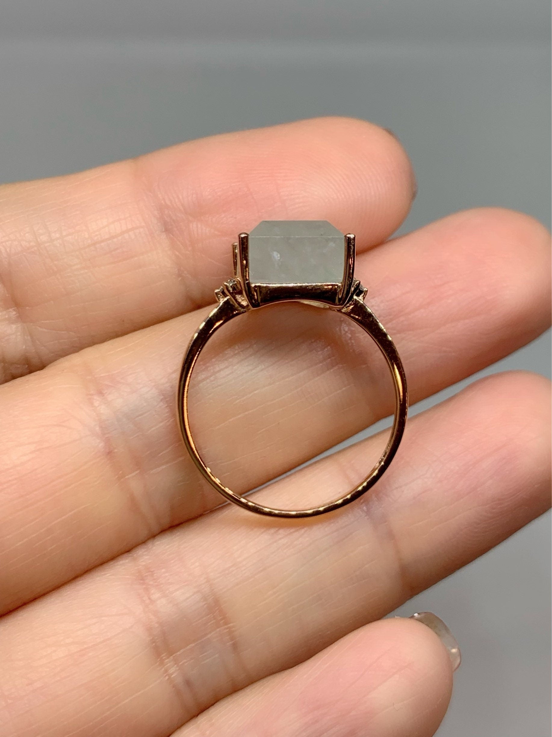 Certified Natural Burmese Premium Icy Translucent Light Green Emerald Cut Jadeite And Diamond Ring 18K Rose Gold Sz 7 天然缅甸正冰晴底雪花棉翡翠切割面钻石戒指