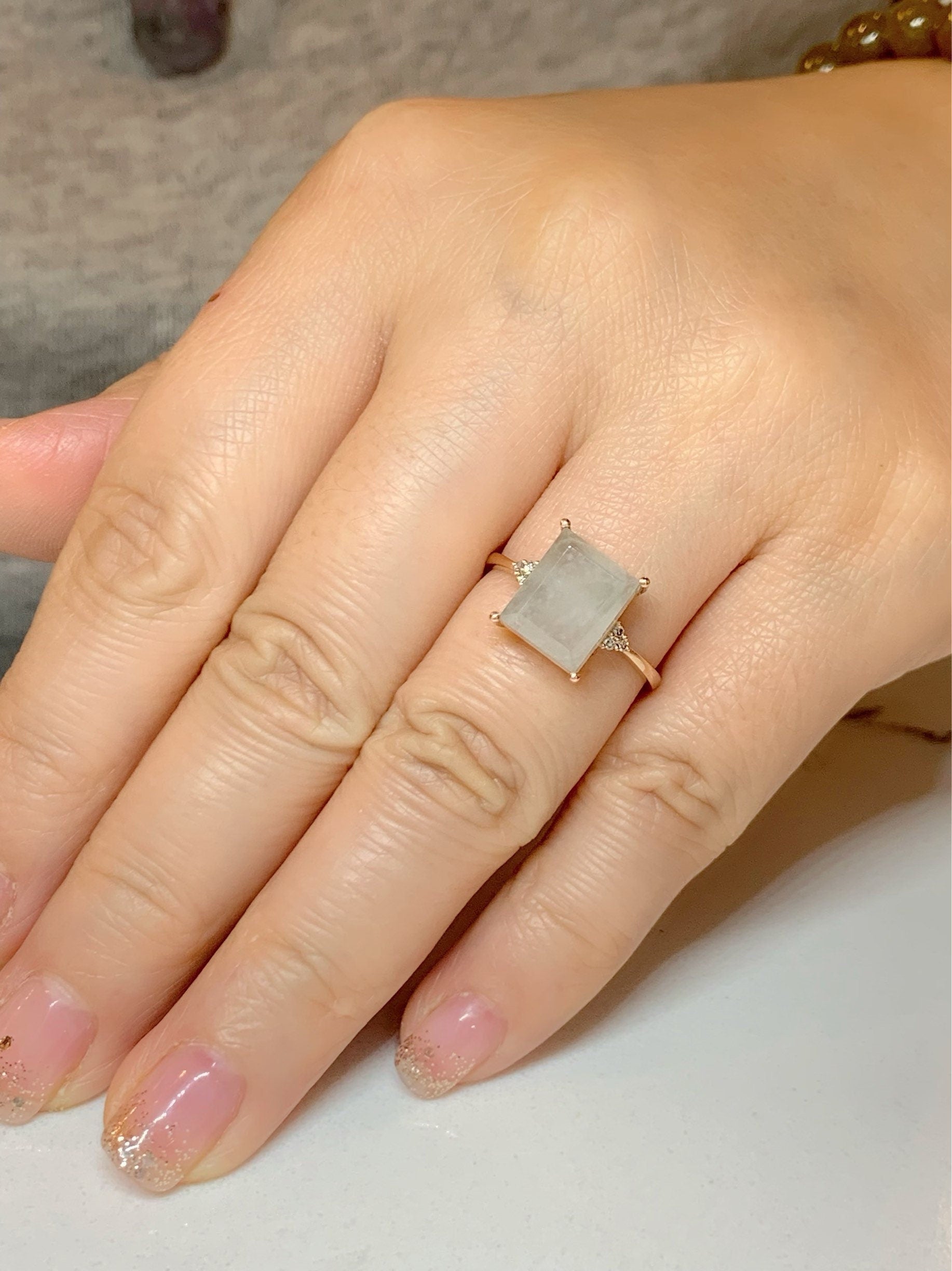 Certified Natural Burmese Premium Icy Translucent Light Green Emerald Cut Jadeite And Diamond Ring 18K Rose Gold Sz 7 天然缅甸正冰晴底雪花棉翡翠切割面钻石戒指
