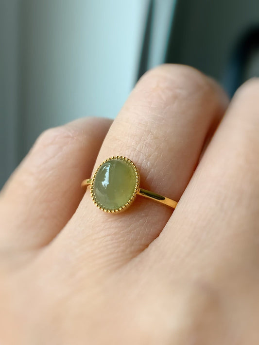 Certified Natural Burmese Grade A Icy Translucent Yellow Jadeite Oval Solitaire Ring 18K Yellow Gold Sz 7 天然缅甸冰黄翡翠镶嵌戒指