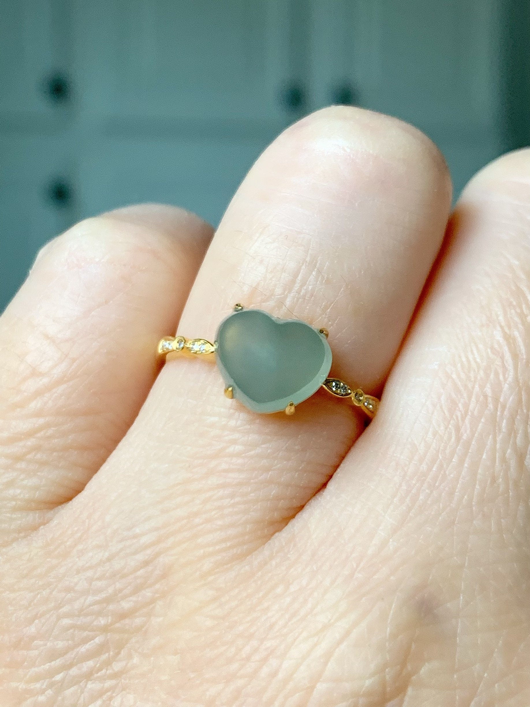Certified 18K YG Burmese Premium Icy Green Faceted Jadeite Heart Diamond Ring Sz 7 正冰晴底切割面爱心钻石戒指