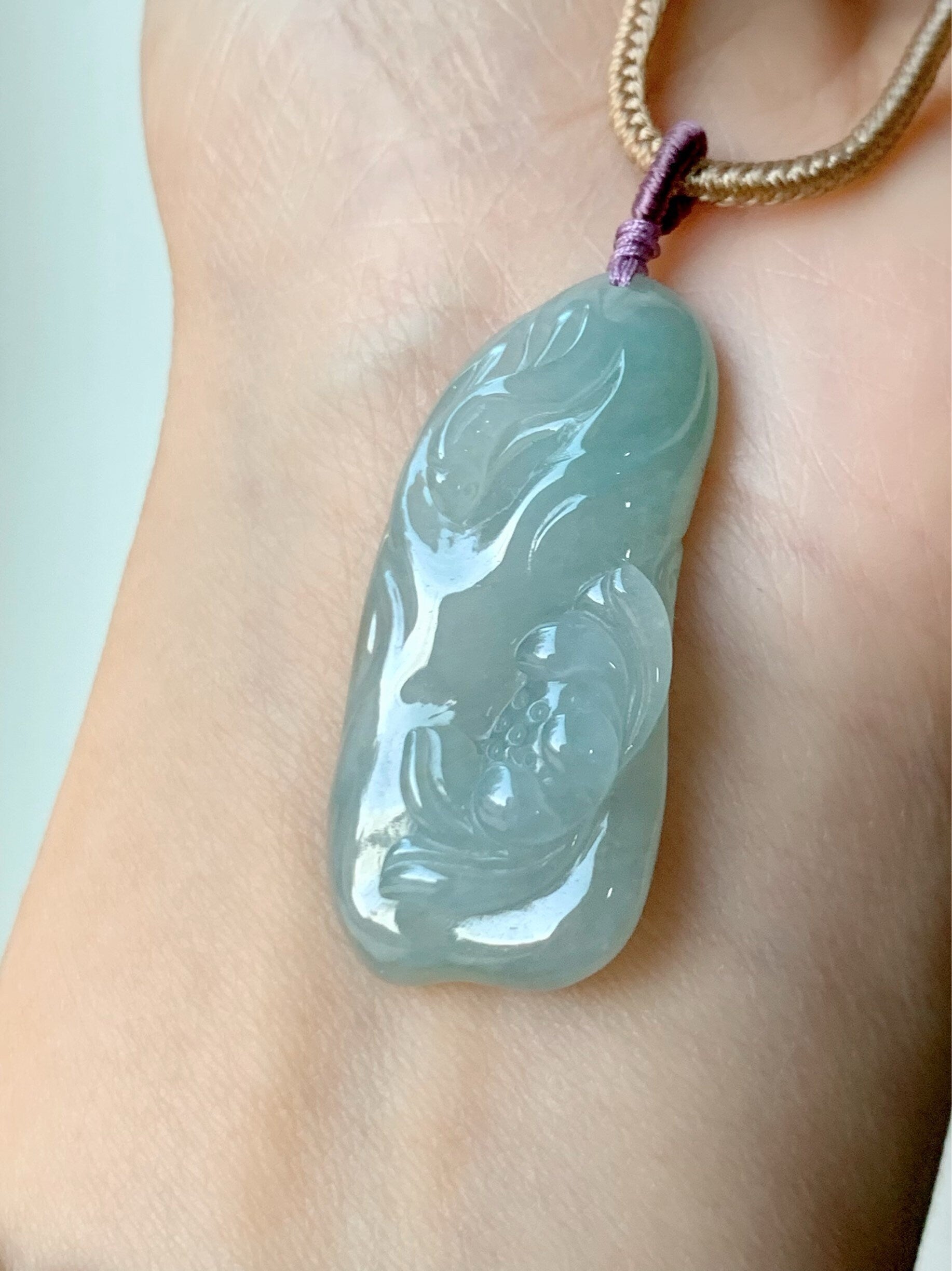 Natural Burmese Premium Icy Highly Translucent Icy Light Green Jadeite Fish and Lotus Flower Pendant Rope Necklace 天然冰晴底飘绿花翡翠荷叶鱼吊坠