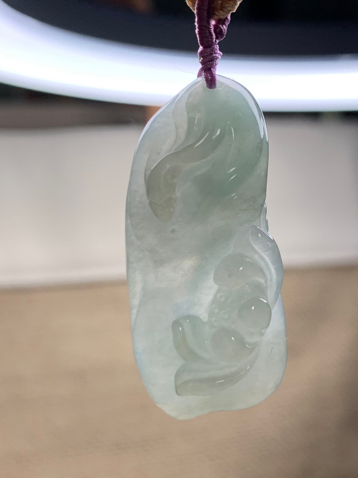 Natural Burmese Premium Icy Highly Translucent Icy Light Green Jadeite Fish and Lotus Flower Pendant Rope Necklace 天然冰晴底飘绿花翡翠荷叶鱼吊坠