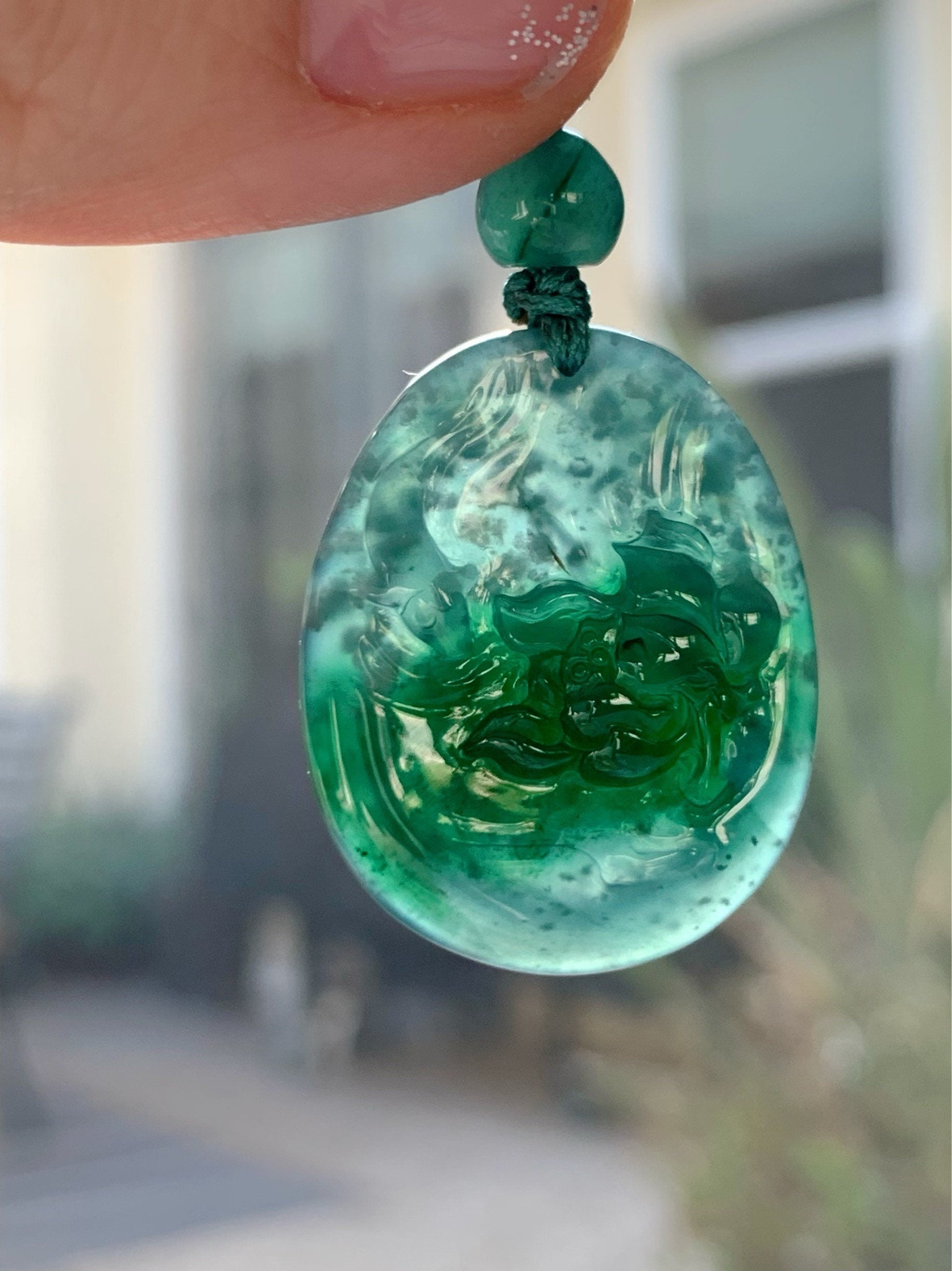 Fish and Lotus Flower Jadeite Pendant Guatemalan Natural Premium Highly Translucent Blue and Green Jadeite Necklace 高冰危蓝翡翠荷花鱼吊坠
