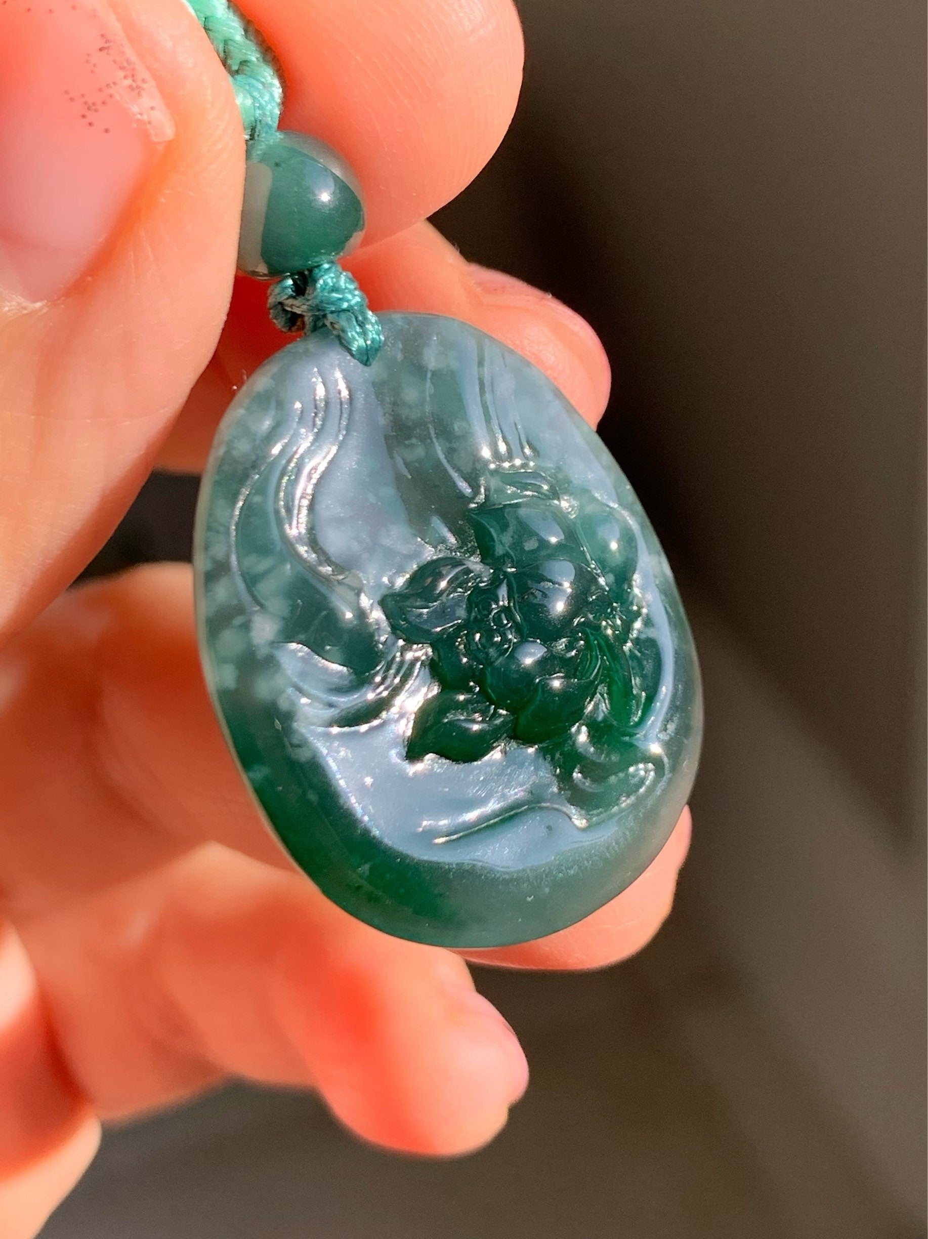 Fish and Lotus Flower Jadeite Pendant Guatemalan Natural Premium Highly Translucent Blue and Green Jadeite Necklace 高冰危蓝翡翠荷花鱼吊坠