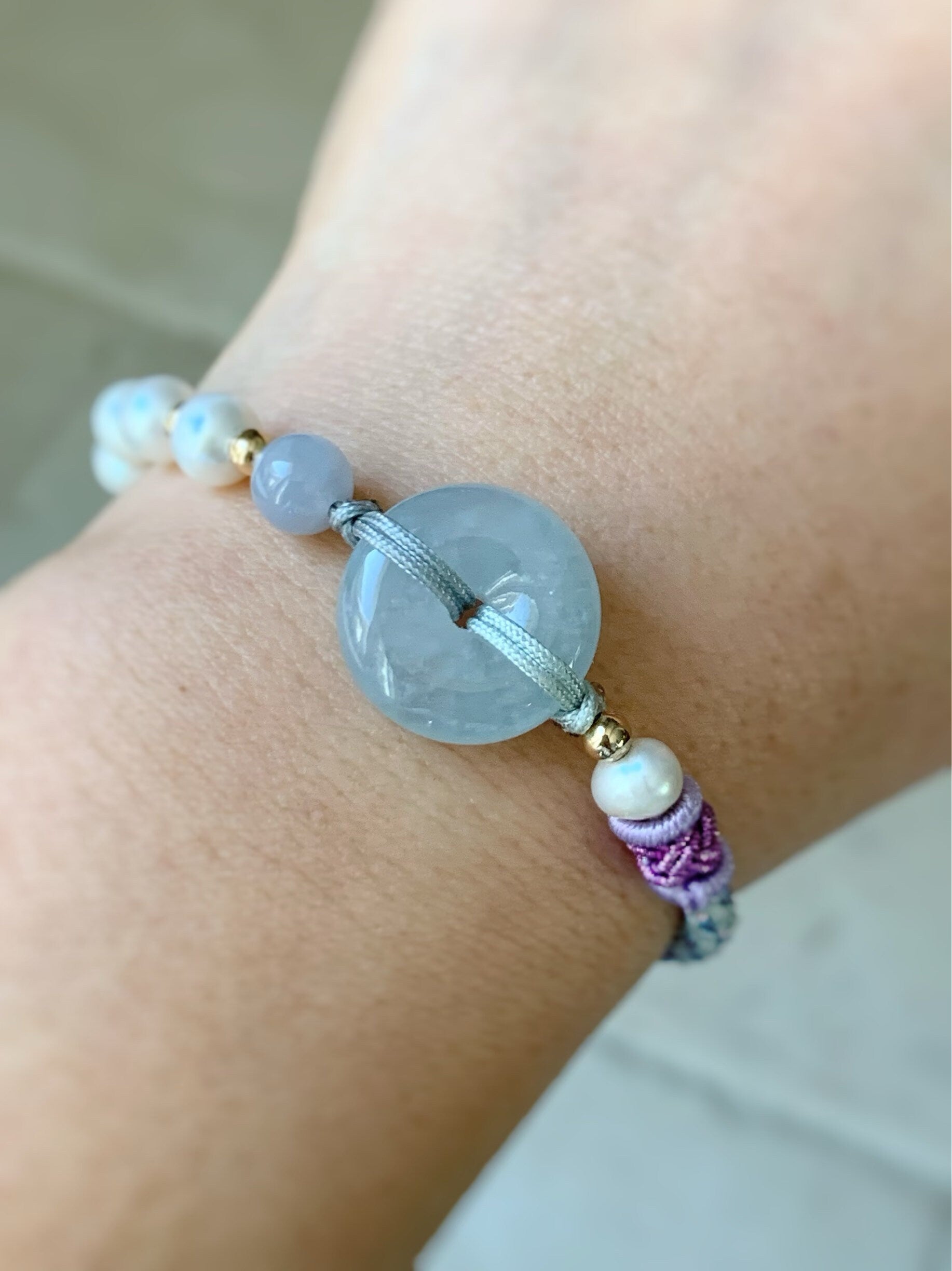 Burmese Natural Icy Translucent Sky Blue Jadeite Ping An Kou Bracelet with Freshwater Pearls adjustable 6-8” 天然缅甸冰蓝底平安扣手绳