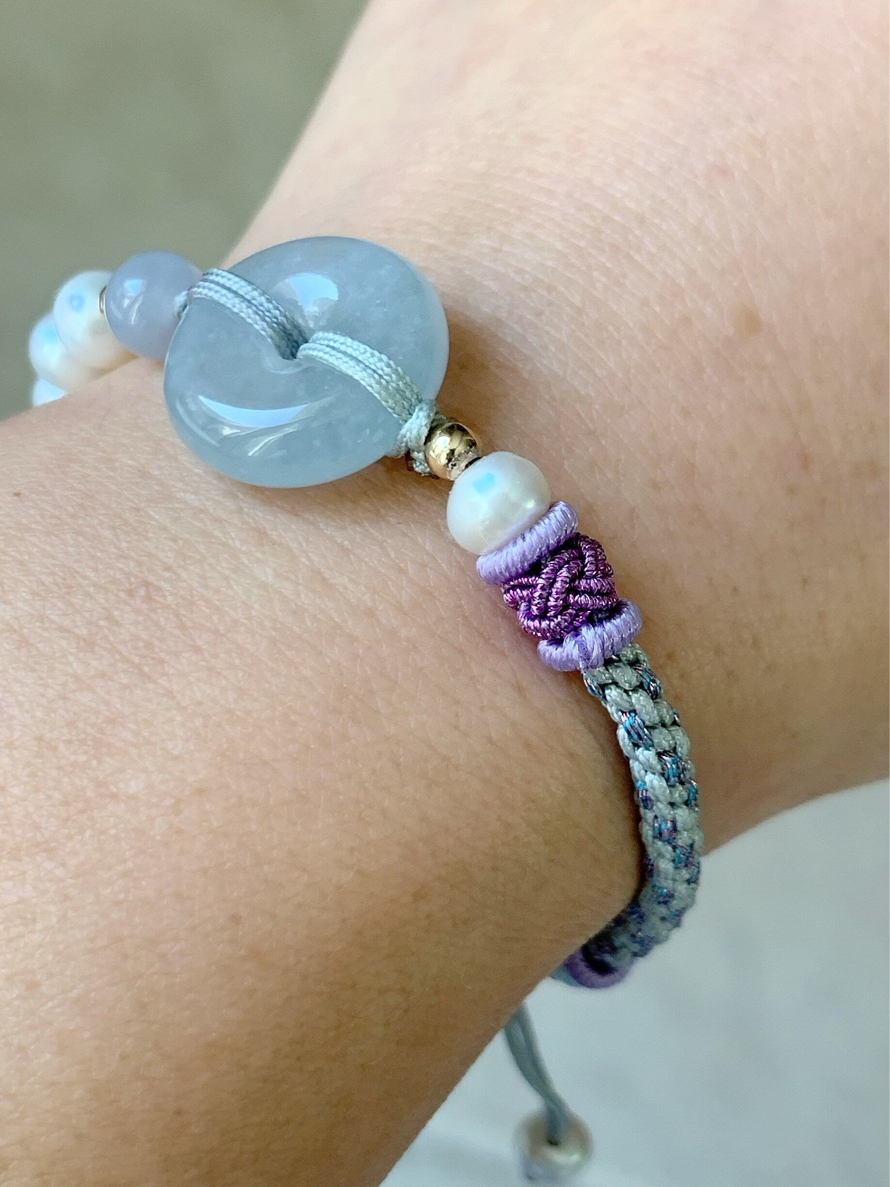 Burmese Natural Icy Translucent Sky Blue Jadeite Ping An Kou Bracelet with Freshwater Pearls adjustable 6-8” 天然缅甸冰蓝底平安扣手绳