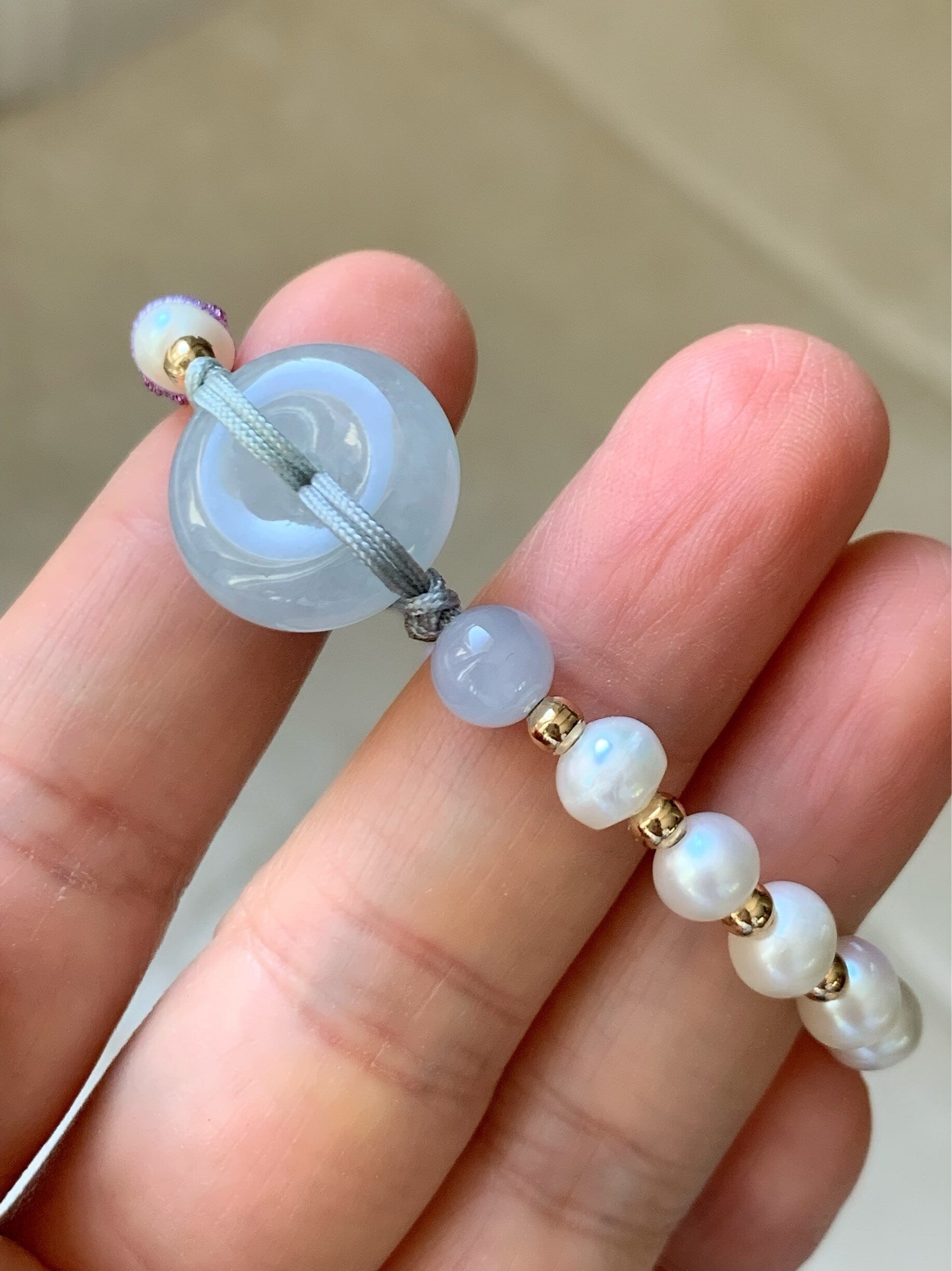 Burmese Natural Icy Translucent Sky Blue Jadeite Ping An Kou Bracelet with Freshwater Pearls adjustable 6-8” 天然缅甸冰蓝底平安扣手绳