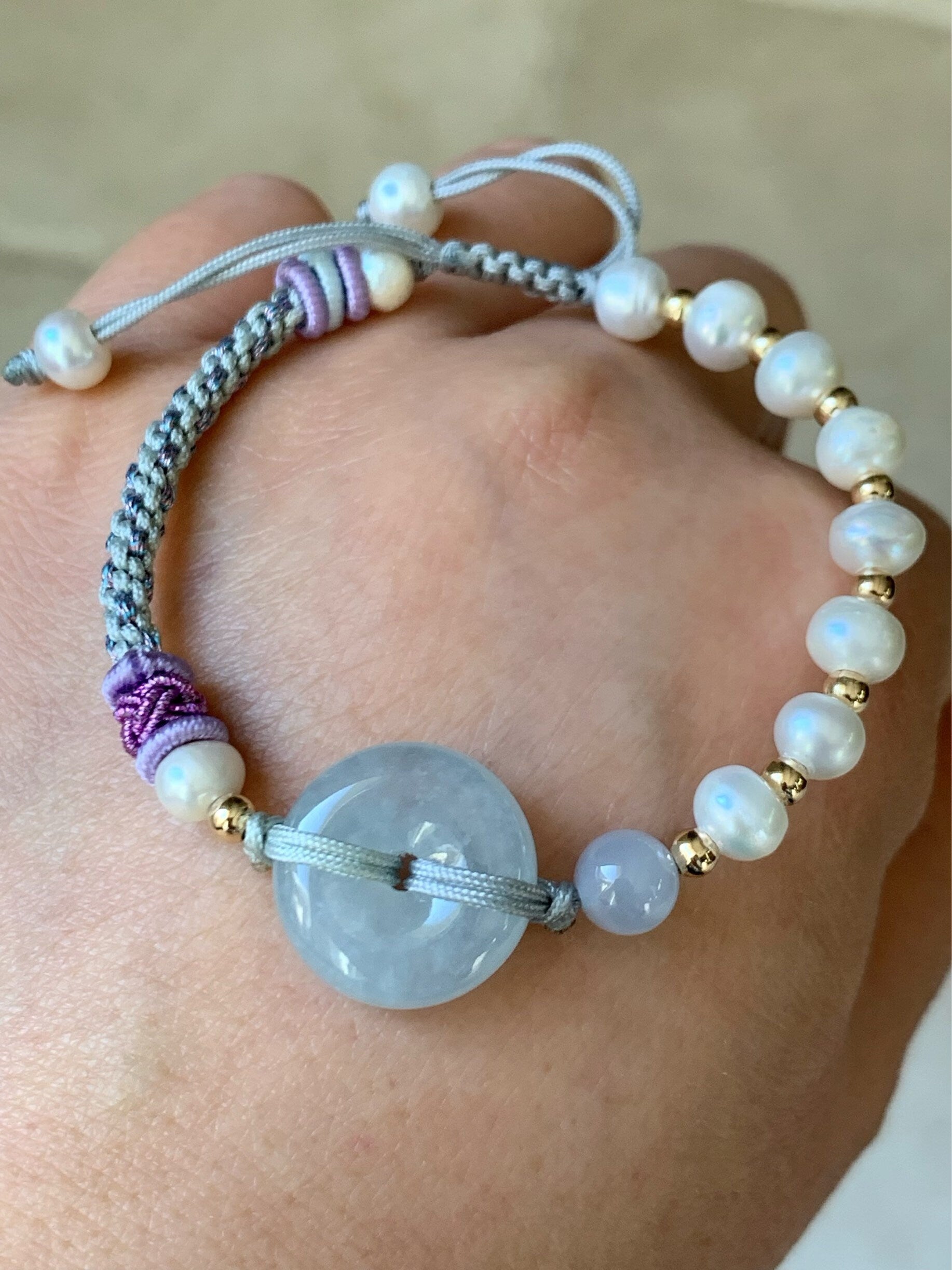 Burmese Natural Icy Translucent Sky Blue Jadeite Ping An Kou Bracelet with Freshwater Pearls adjustable 6-8” 天然缅甸冰蓝底平安扣手绳