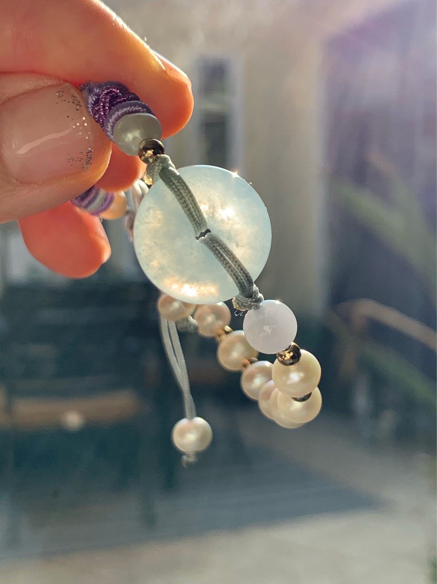 Burmese Natural Icy Translucent Sky Blue Jadeite Ping An Kou Bracelet with Freshwater Pearls adjustable 6-8” 天然缅甸冰蓝底平安扣手绳