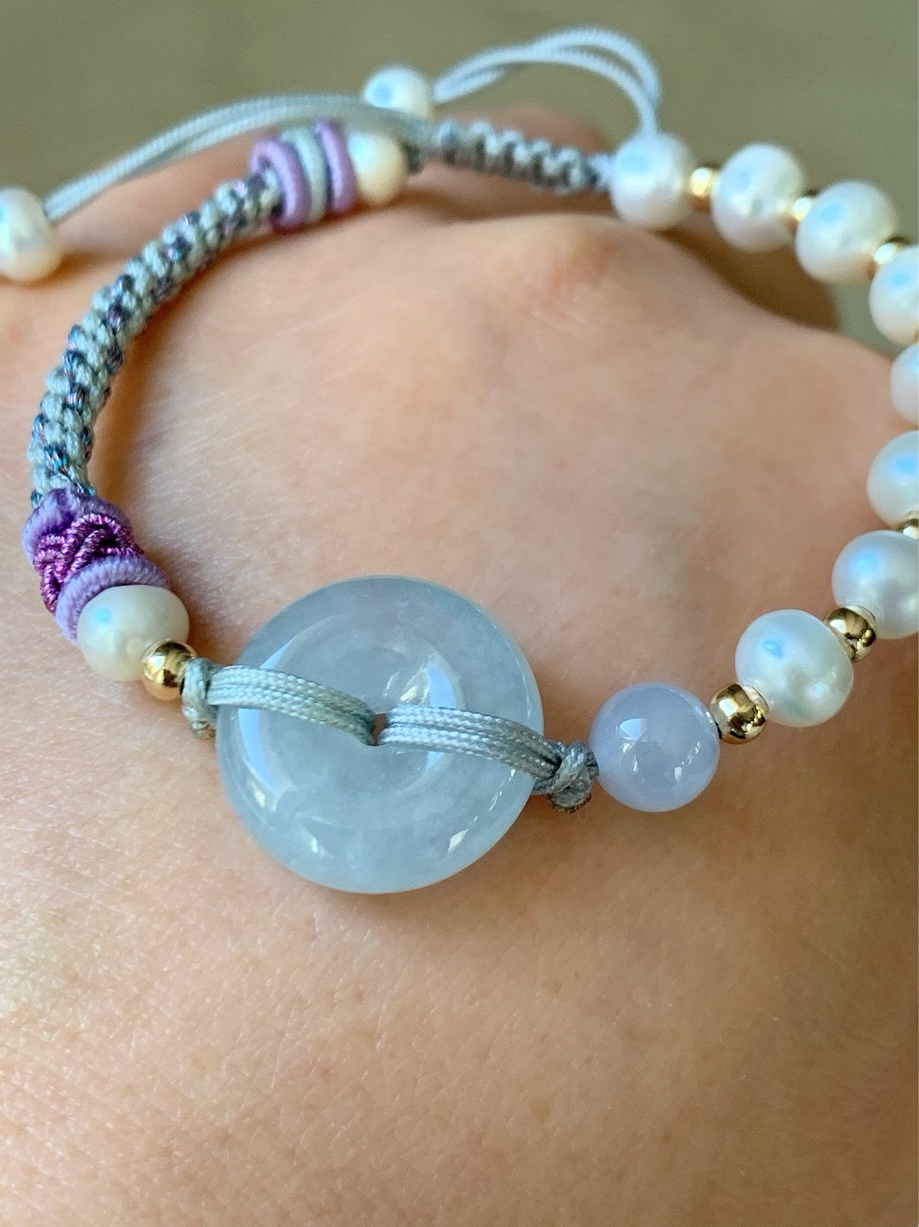 Burmese Natural Icy Translucent Sky Blue Jadeite Ping An Kou Bracelet with Freshwater Pearls adjustable 6-8” 天然缅甸冰蓝底平安扣手绳